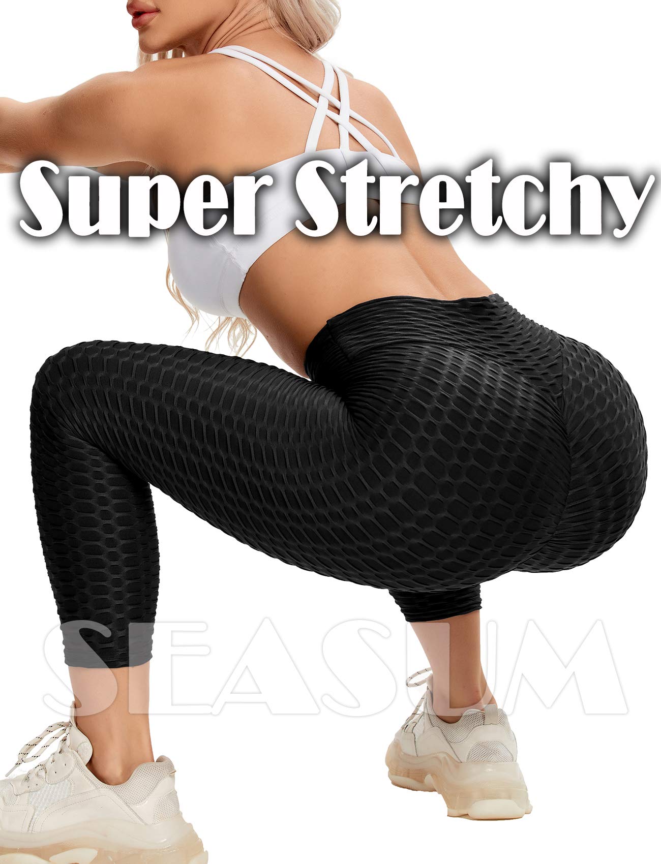 SEASUM Women High Waisted Workout Yoga Pants Butt Lifting Scrunch Booty Leggings Tummy Control Anti Cellulite Textured Tights thumbnail 5