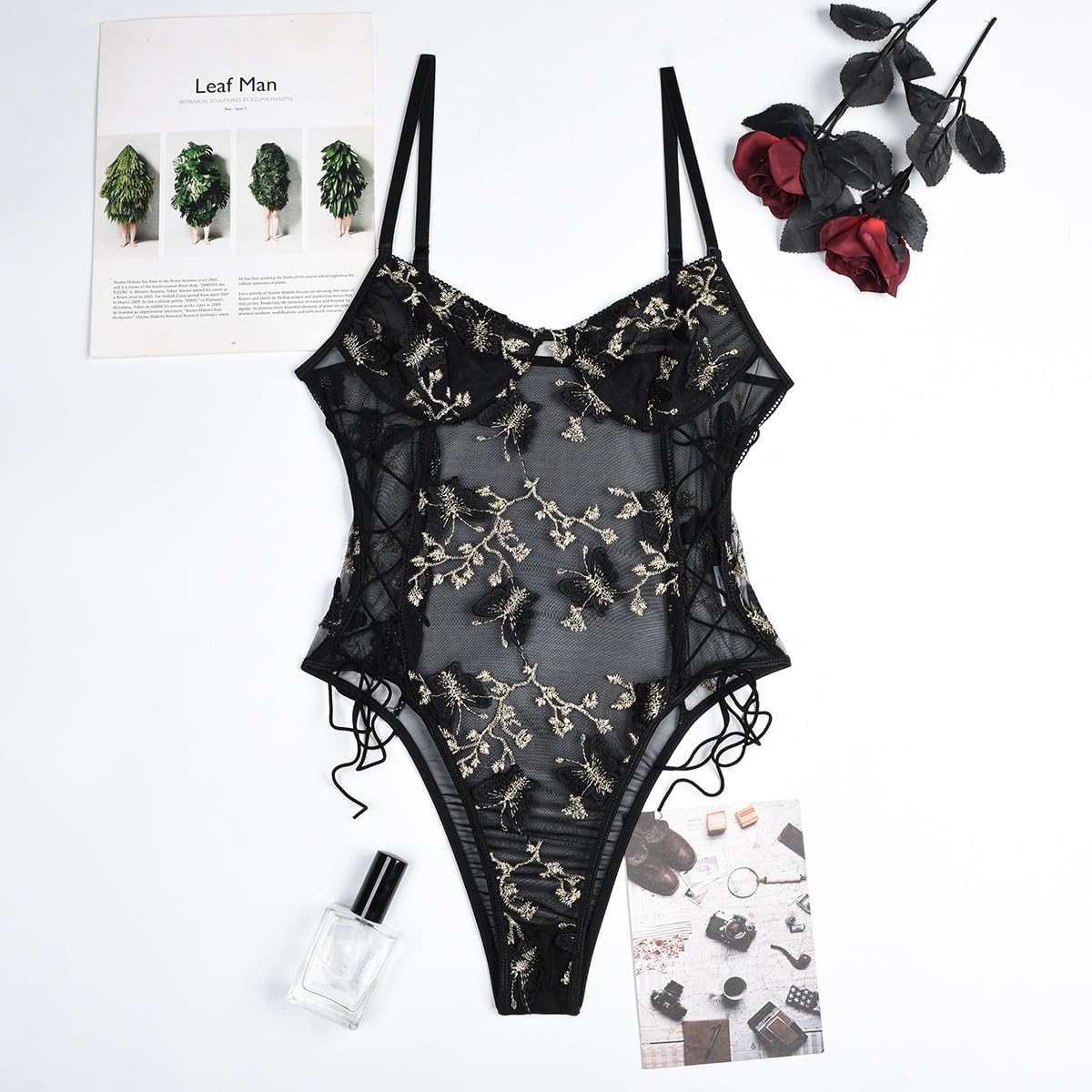 Lilosy Women Sexy Lace Up Floral Embroidered Teddy Lingerie Bodysuit Top Mesh Sheer One Piece: Small Butterfly Black