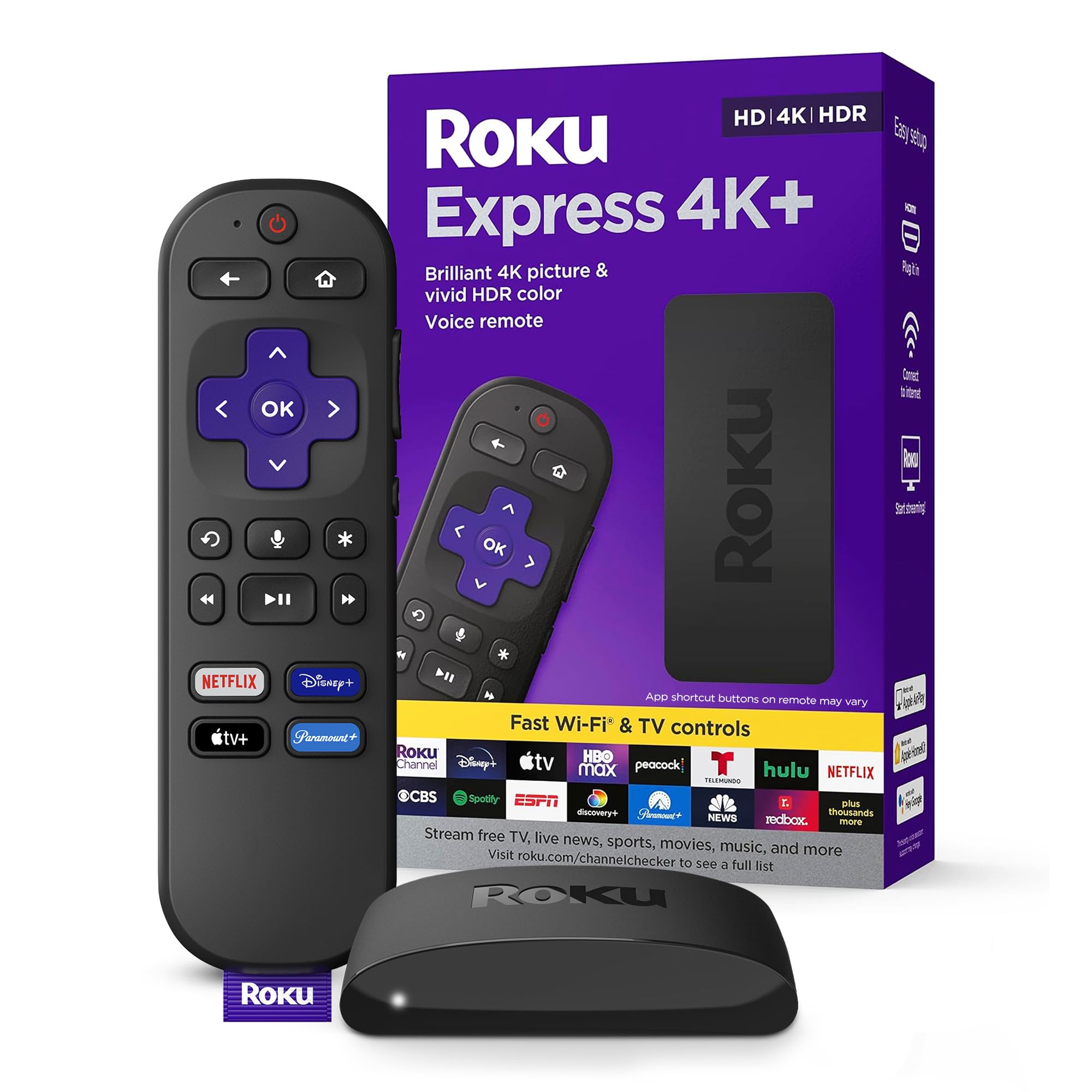 Roku Express 4K+ | Roku Streaming Device 4K/HDR with Voice Remote, Free & Live TV: NEW Roku Express 4K +
