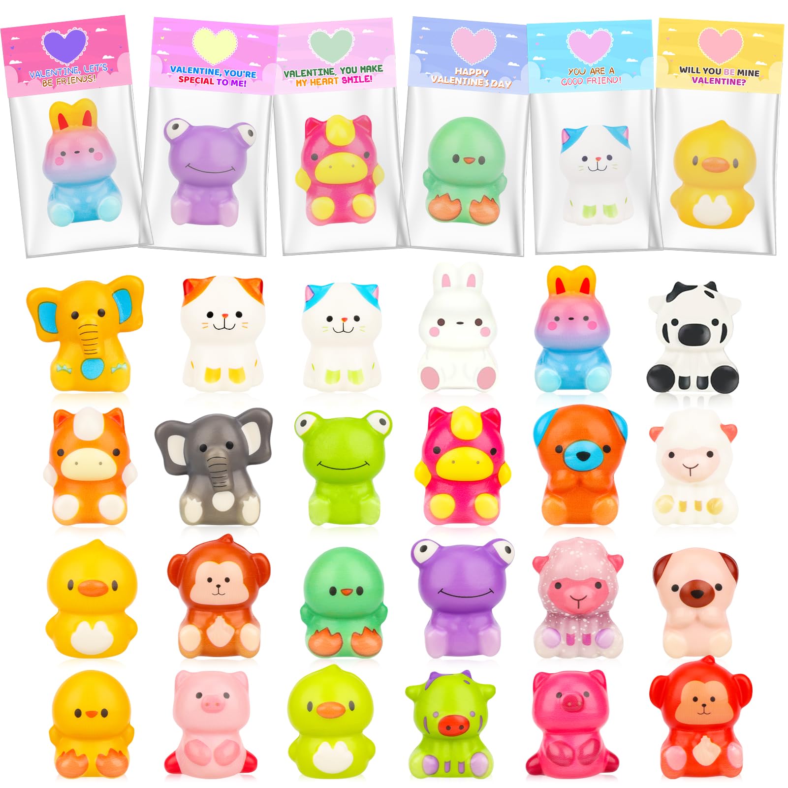 Gralima Valentines Day Gifts for Kids: 24PCS Animal Themed Squishy Toys & Cards, Ages 3-6, Pink, Green, Yellow, White, Orange, Purple, Blue thumbnail 9
