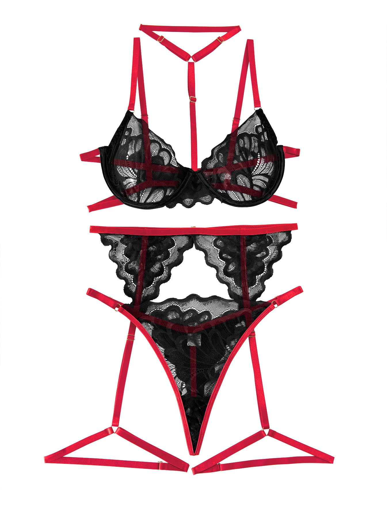 Lilosy Sexy Choker Floral Lace Underwire Push Up Garter Belt Lingerie Set for Women Sheer Bra and Panty 3 Piece: Small Black Red