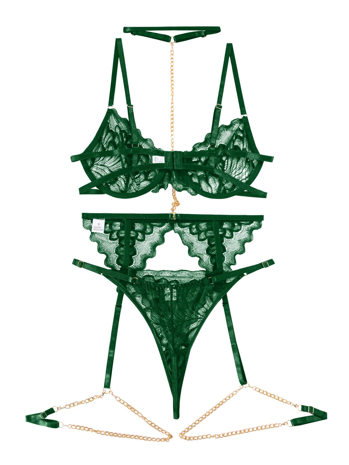 Lilosy Sexy Choker Floral Lace Underwire Push Up Garter Belt Lingerie Set for Women Sheer Bra and Panty 3 Piece: Small Chain Army Green