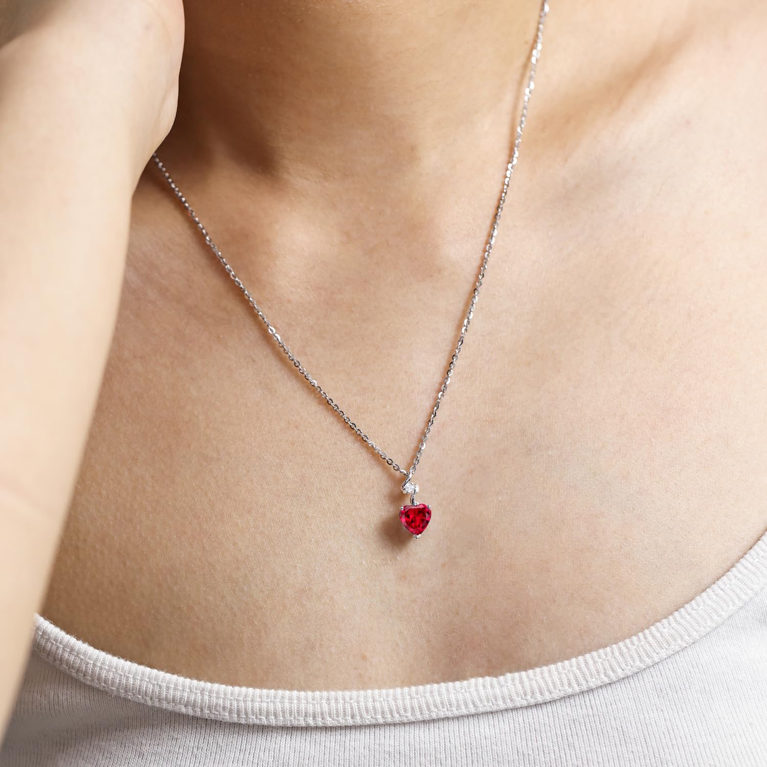 AGVANA 14K Solid White Gold Diamond Gemstone Pendant with Sterling Silver Chain 8mm Heart Birthstone Necklace Fine Jewelry Anniversary Birthday Gifts for Women Mom Wife: Ruby