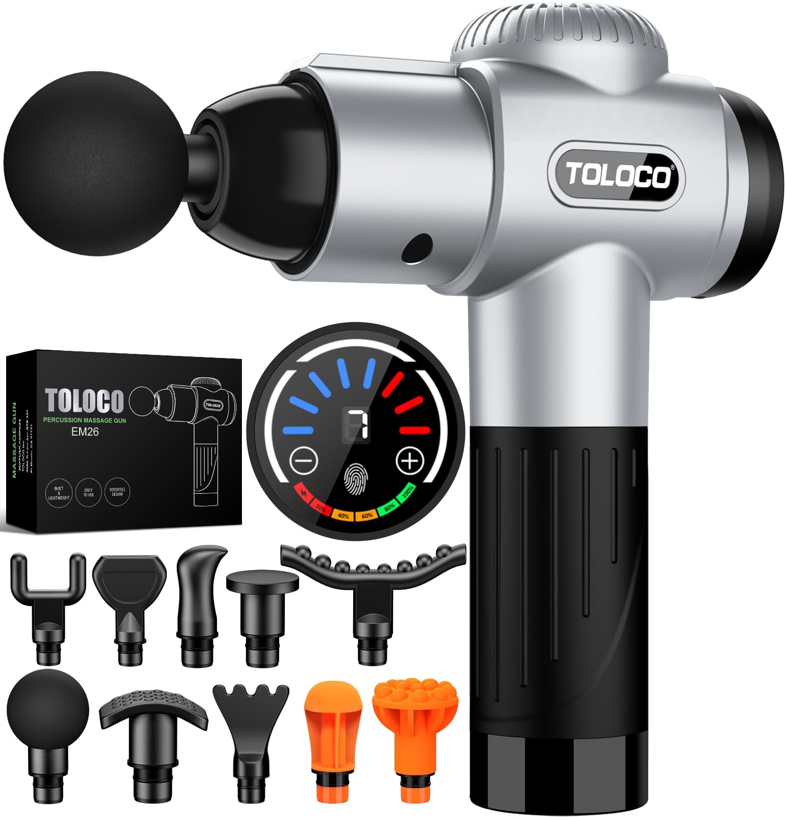 TOLOCO Massage Gun, Deep Tissue Back Massage for Athletes for Pain Relief, Percussion Massager with 10 Massages Heads & Silent Brushless Motor, Mothers Day Gifts for Mom,: Silver