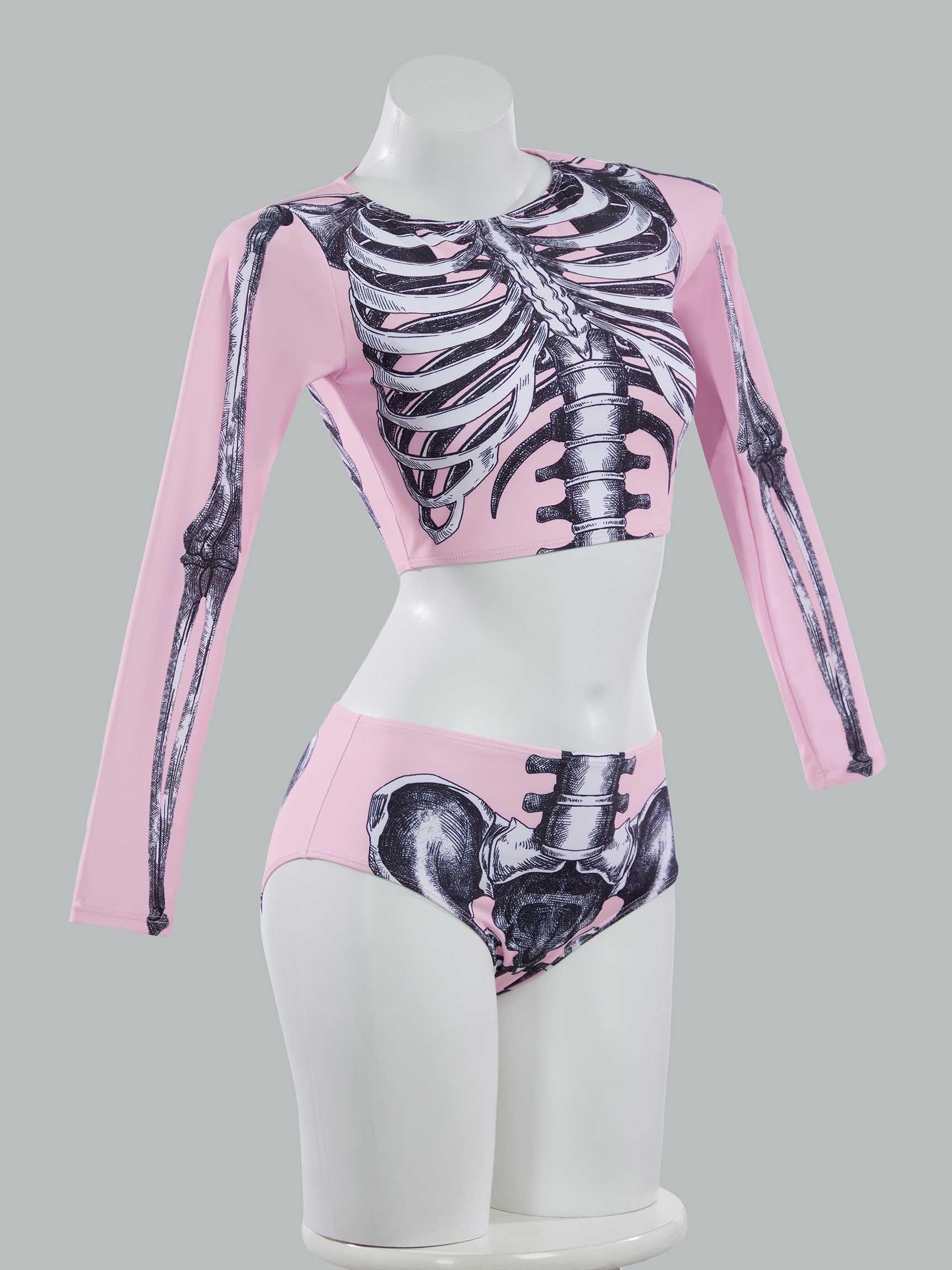 haikyuu Women Pink Skeleton Rash Guard Shirt with Bottom Goth Two Piece Swimsuit Skull Bikini Set