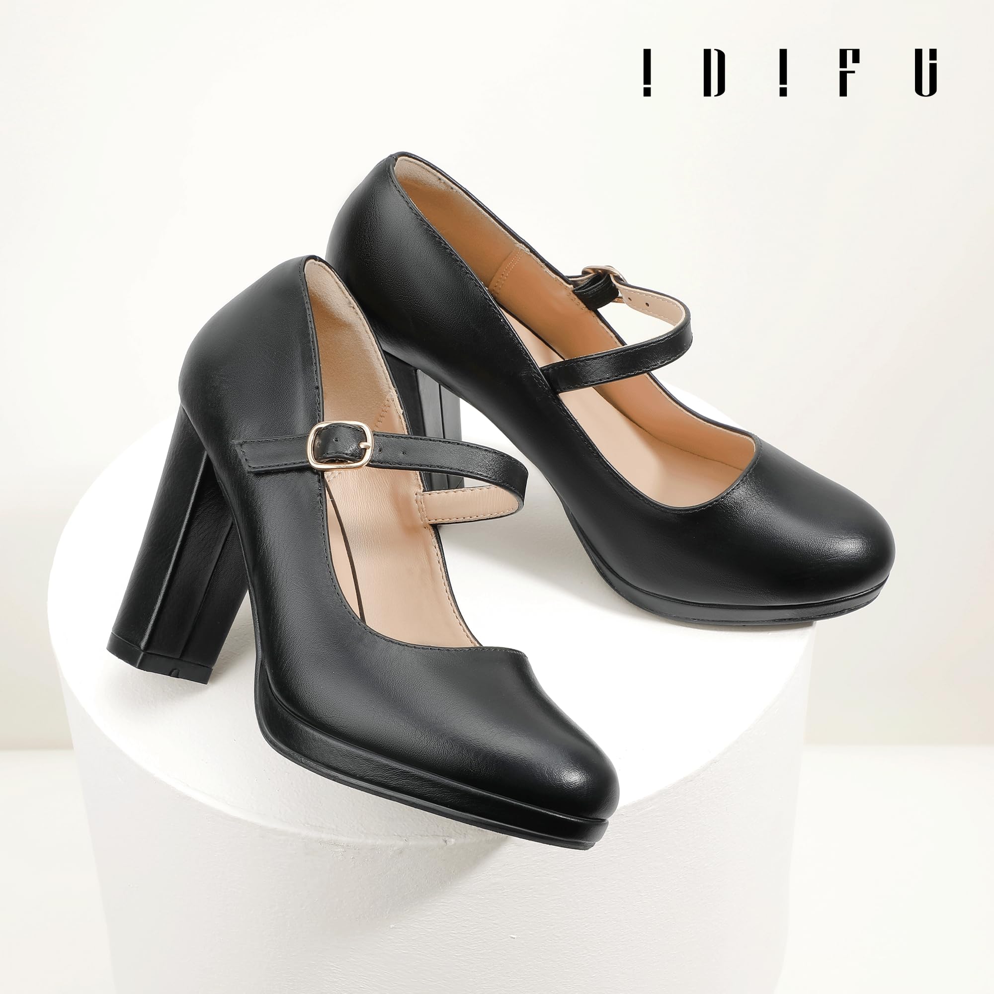 IDIFU IN4 Mary Jane Shoes Closed Toe Heels Platform High Chunky Block Heels Women's Pumps Comfortable Dress Shoes for Women Wedding Bridal Work Fashion Round Toe Pumps Shoes: 5.5 Black Pu