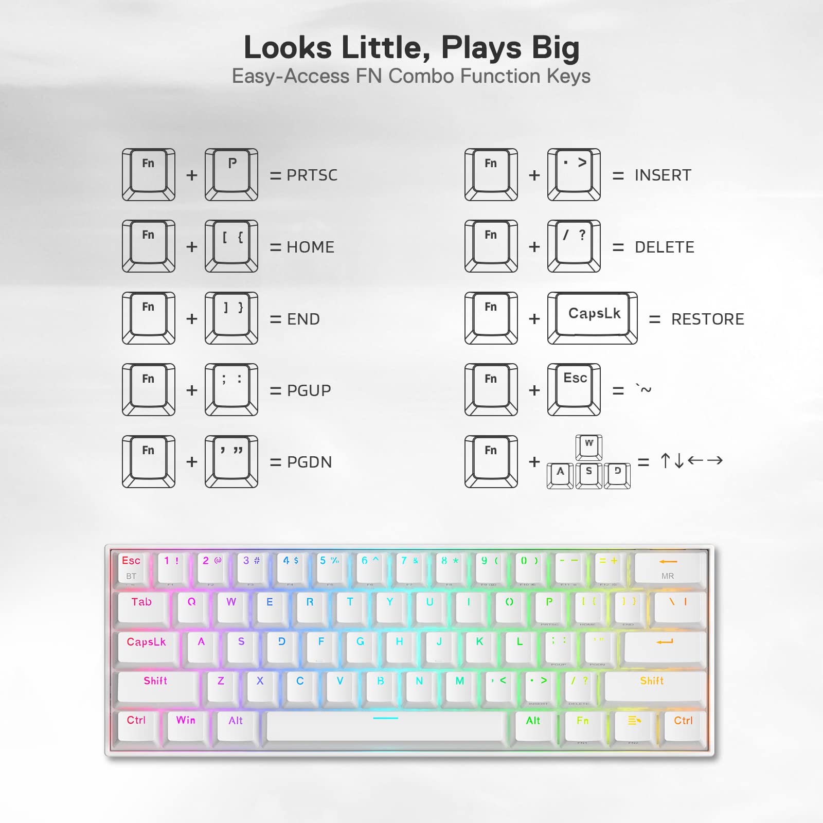 Redragon K530 Pro Draconic 60% Wireless RGB Mechanical Keyboard, BT/2.4Ghz/Wired 3-Mode 61 Keys Compact Gaming Keyboard w/Hot-Swap Socket, Free-Mod Plate Mounted PCB & Clicky Blue Switch: Blue Switch White