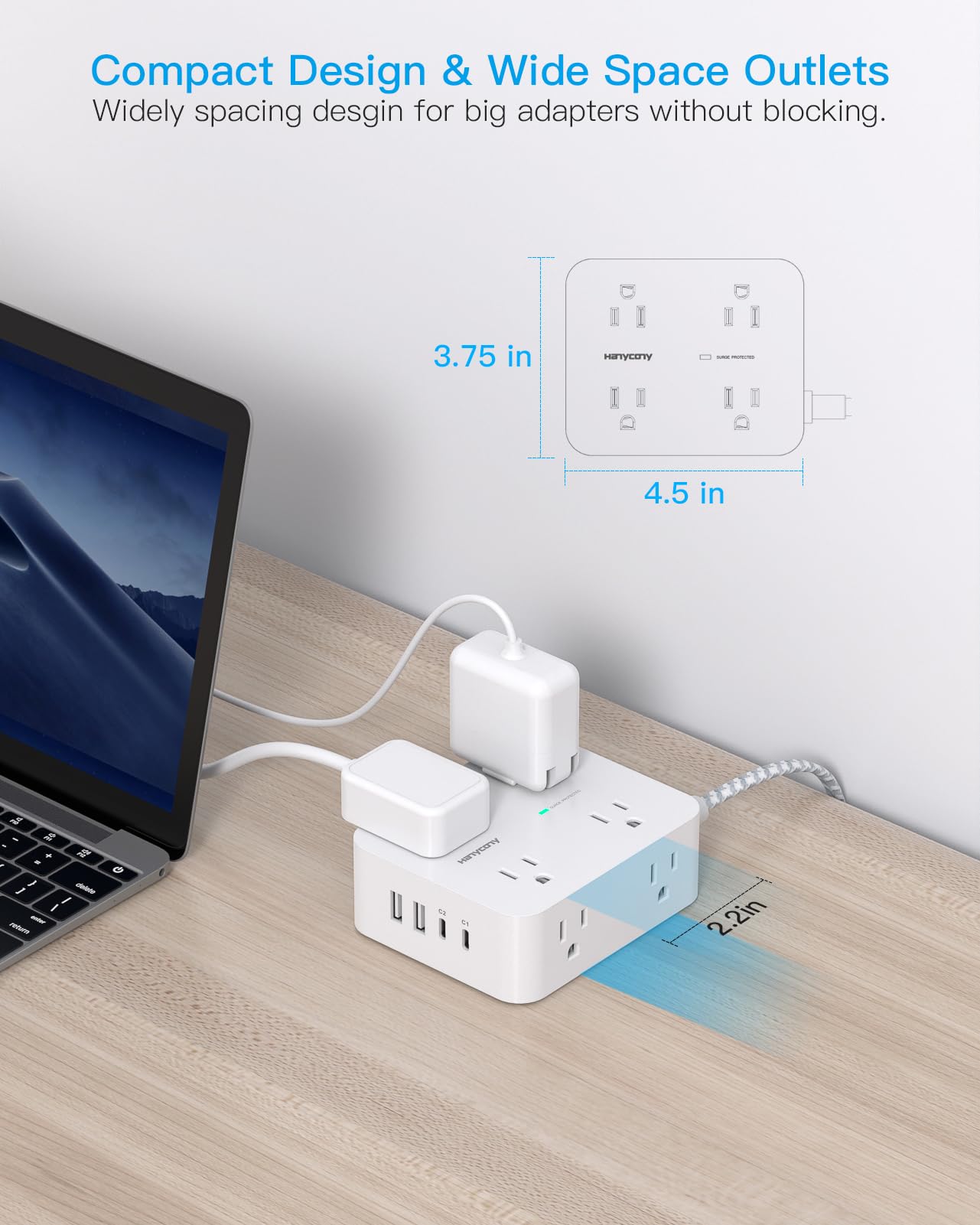 Surge Protector Power Strip - HANYCONY 8 Outlets 4 USB (2 USB C) Charging Ports, Multi Plug Outlet Extender, 5Ft Braided Extension Cord, Flat Plug Wall Mount Desk Charging Station for Home Office ETL thumbnail 6