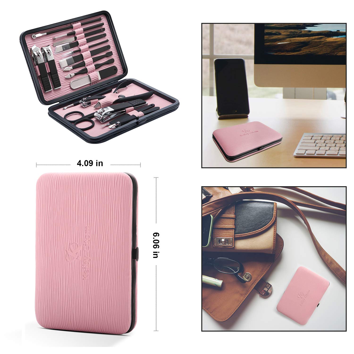 Manicure Set Professional Nail Clippers Kit Pedicure Care Tools- Stainless Steel Women Grooming Kit 18Pcs for Travel or Home (): Pink