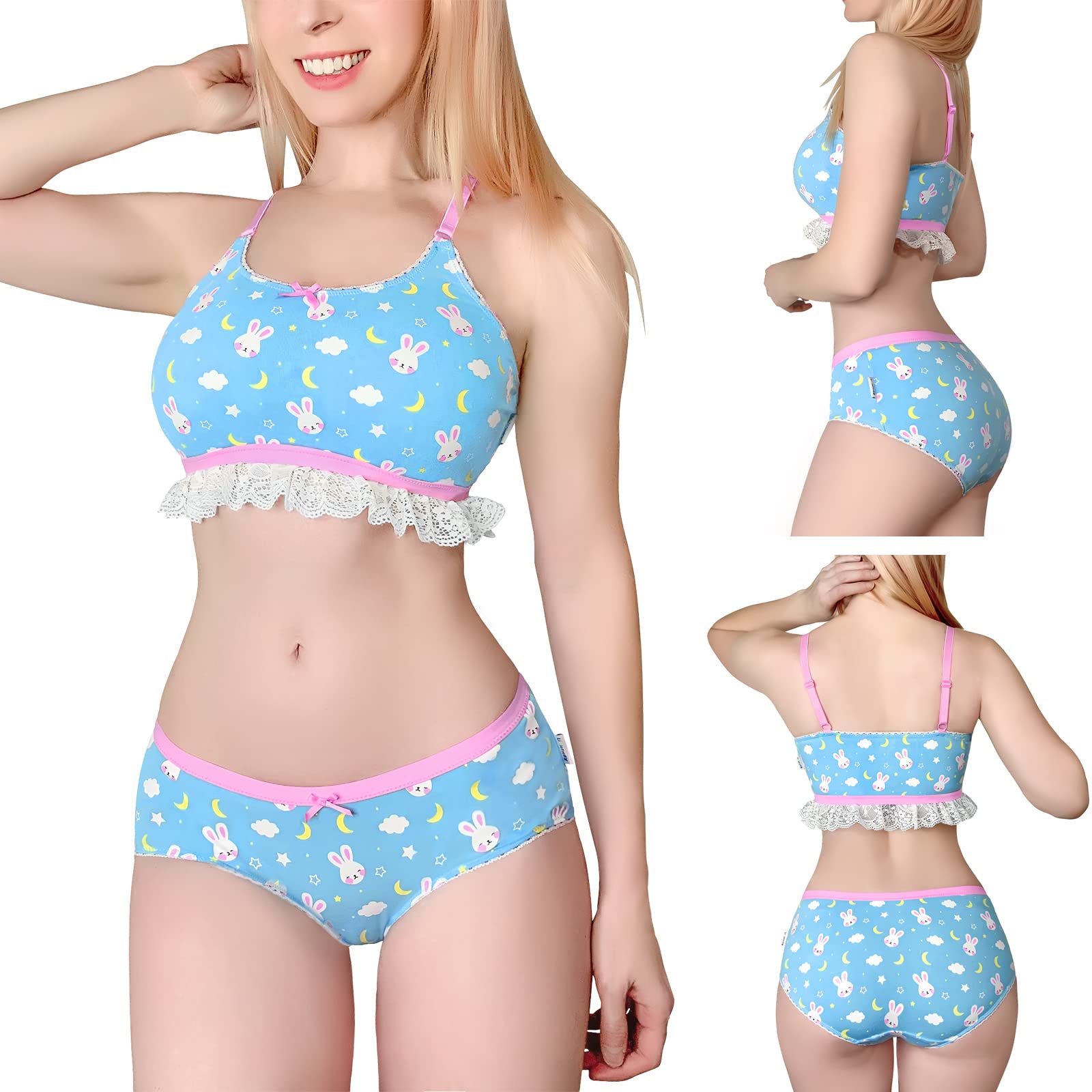 Littleforbig Lacy Trim Women Nightwear Strap Sleepwear Cami Top Shorts Lingerie bralette loungewear Set - Snuggle Bunny: Large Blue