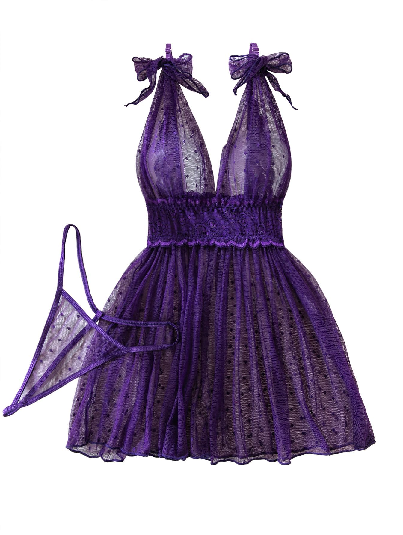 Lilosy Sexy Polka Dots Mesh Sheer Lace Babydoll Chemise Lingerie Set Floral Lace Sleep Wear: Small Purple
