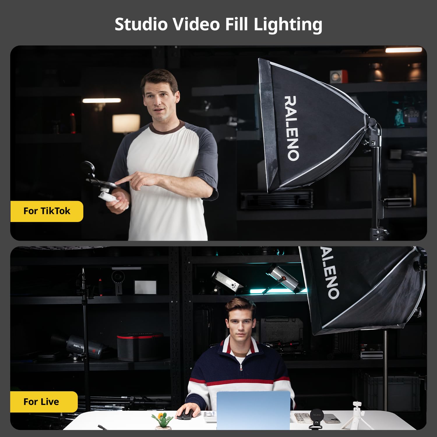RALENO Softbox Photography Lighting Kit, 16'' x 16'' Softbox Lighting for TikTok with LED Bulb (50W | 5500K | 97 CRI | TLCI≥97), Continuous Lighting for Video Recording & Photography Shooting: Black