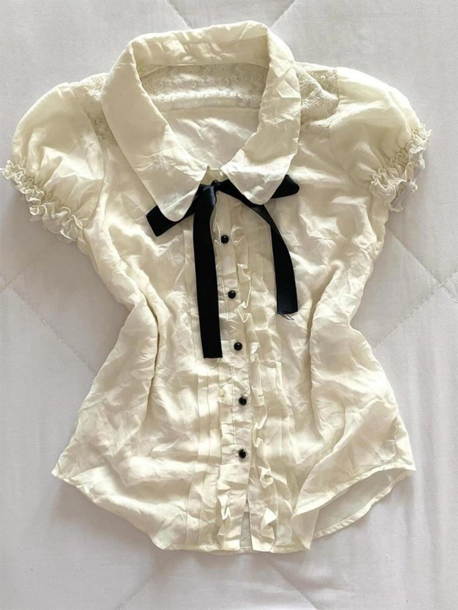 Wayolyn Lolita Shirts Kawaii Cute Clothes Blouse Lace Short Jirai Kei Fashion Puff Sleeve Shirt Ruffle Top with Bow Cutecore