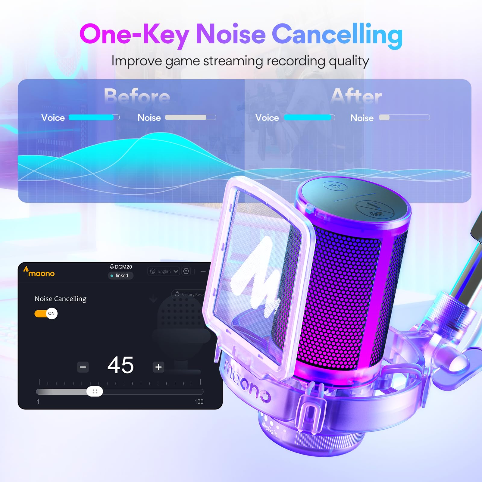 MAONO Gaming USB Microphone, Noise Cancellation Condenser mic with Mute, Gain, Monitoring, Boom Arm for Streaming, Podcast, Twitch, YouTube, Discord, PC, Computer, PS4, PS5, Mac, GamerWave DGM20S: Purple