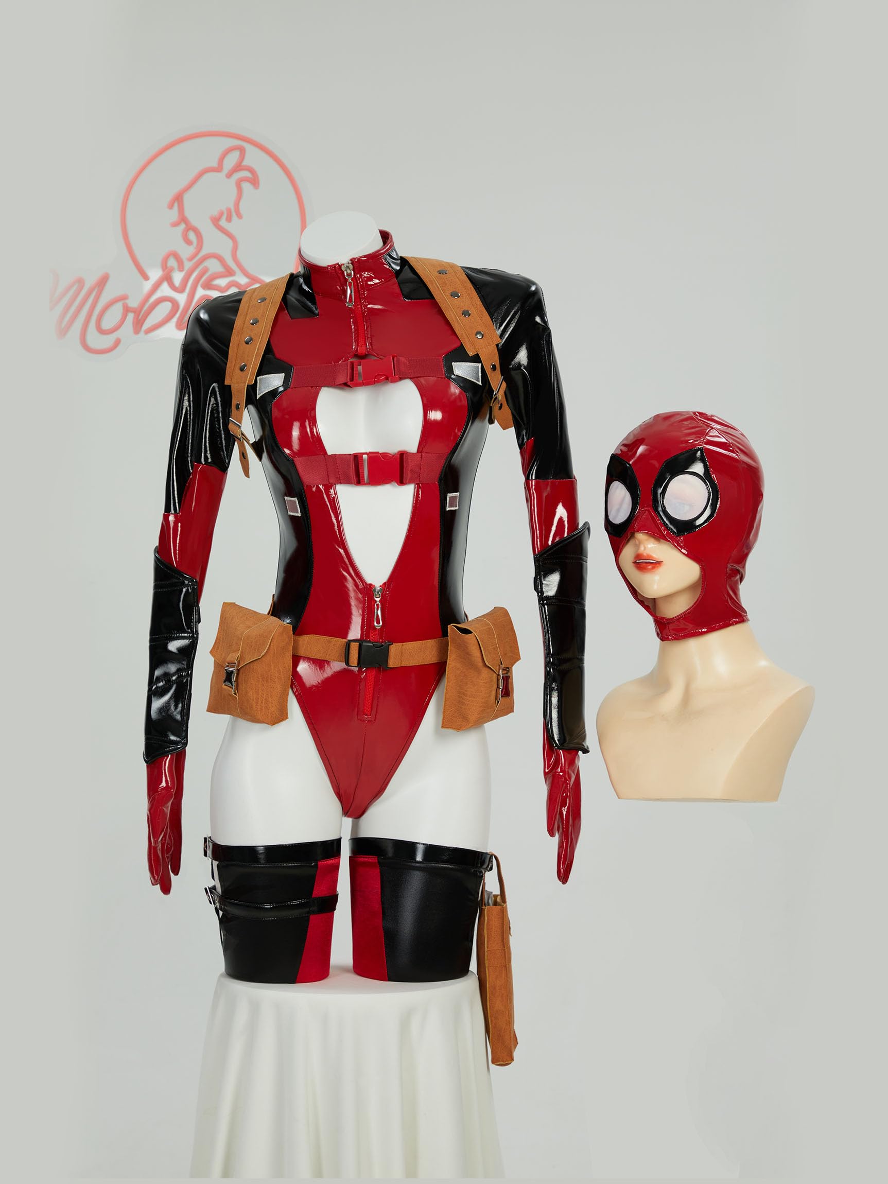 Mobbunny Movie Derivative Cosplay Costume for Women Bodycon Outfit Sexy Cutout Bodysuit with Holster Waist Bag and Socks: Small