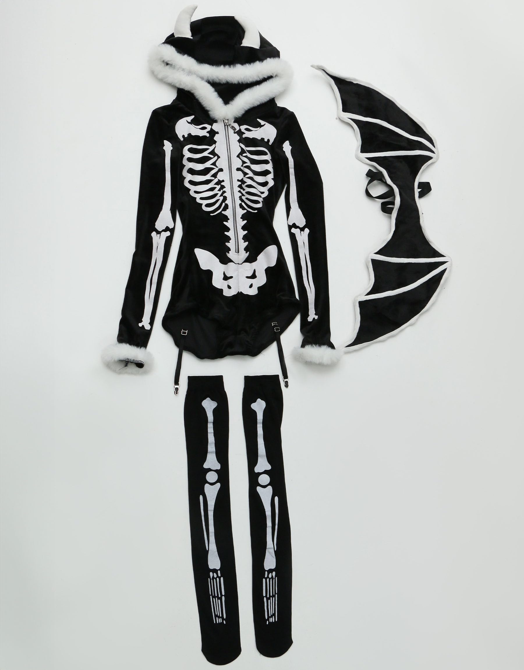 Mobbunny Women's Gothic Skull Style Romper Onesie Pajamas Halloween Skeleton Costume with Wings Hooded Short Jumpsuit: Small