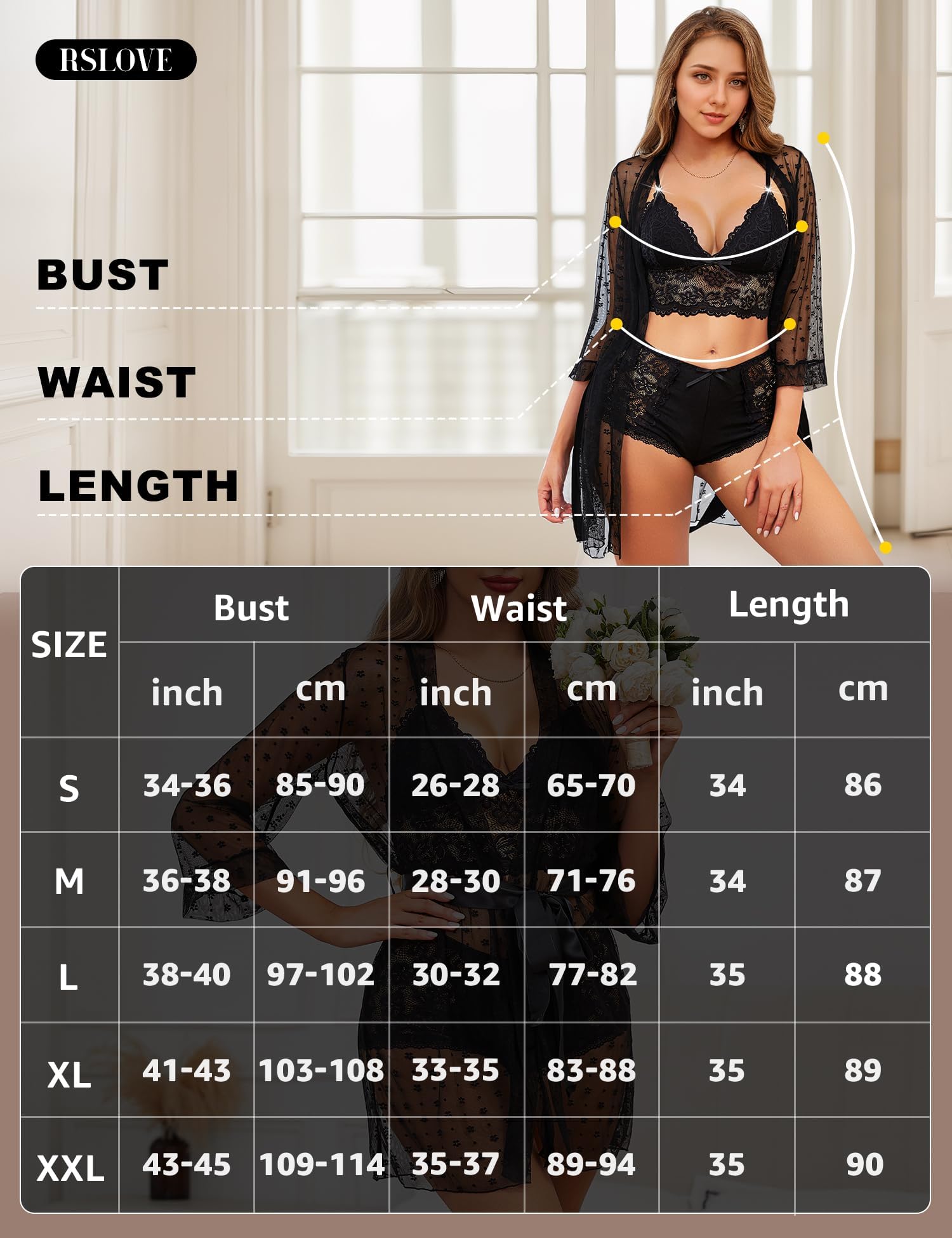 RSLOVE Women Sexy Lingerie Set - 3 Piece Lace Bra and Panty Sets with Mesh Kimono Robe Nightgown Sleepwear: Large Black