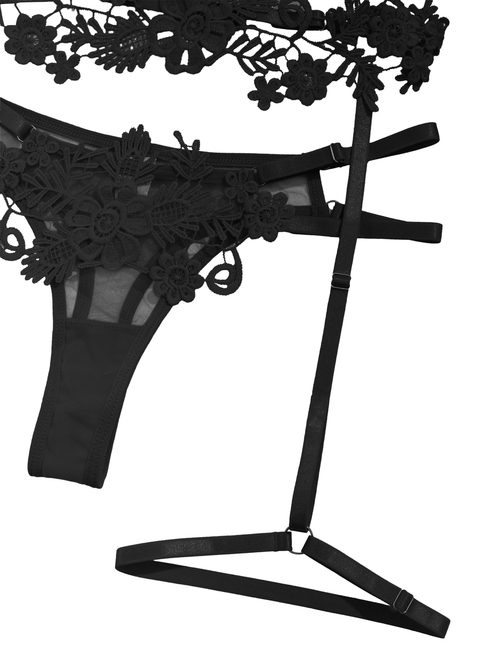 Lilosy Sexy Cute Applique Embroidered Underwire Push Up Garter Belt Chocker Lingerie Set: Small Black