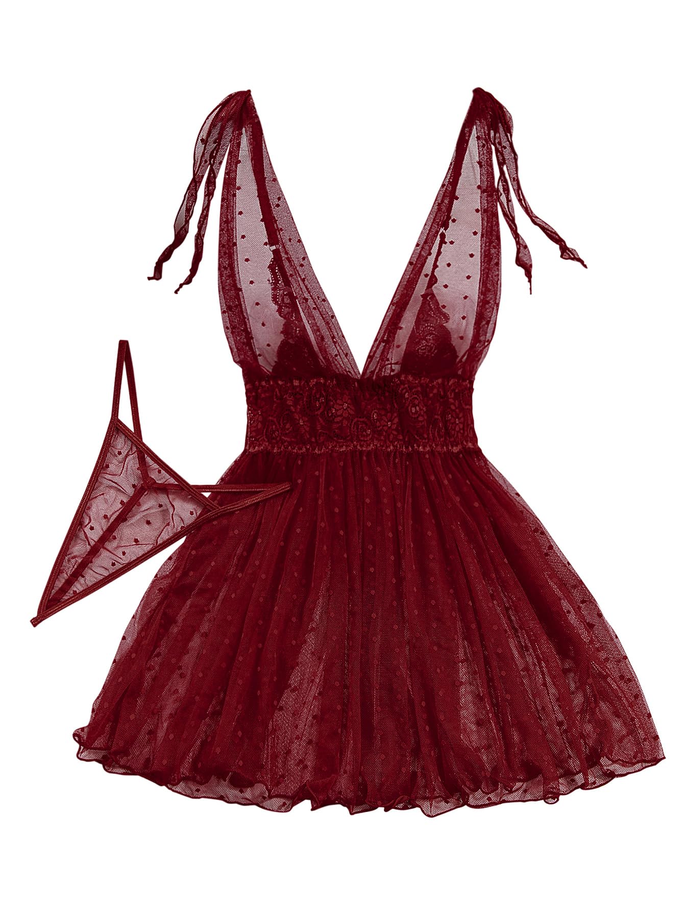 Lilosy Sexy Polka Dots Mesh Sheer Lace Babydoll Chemise Lingerie Set Floral Lace Sleep Wear: Medium Burgundy Red