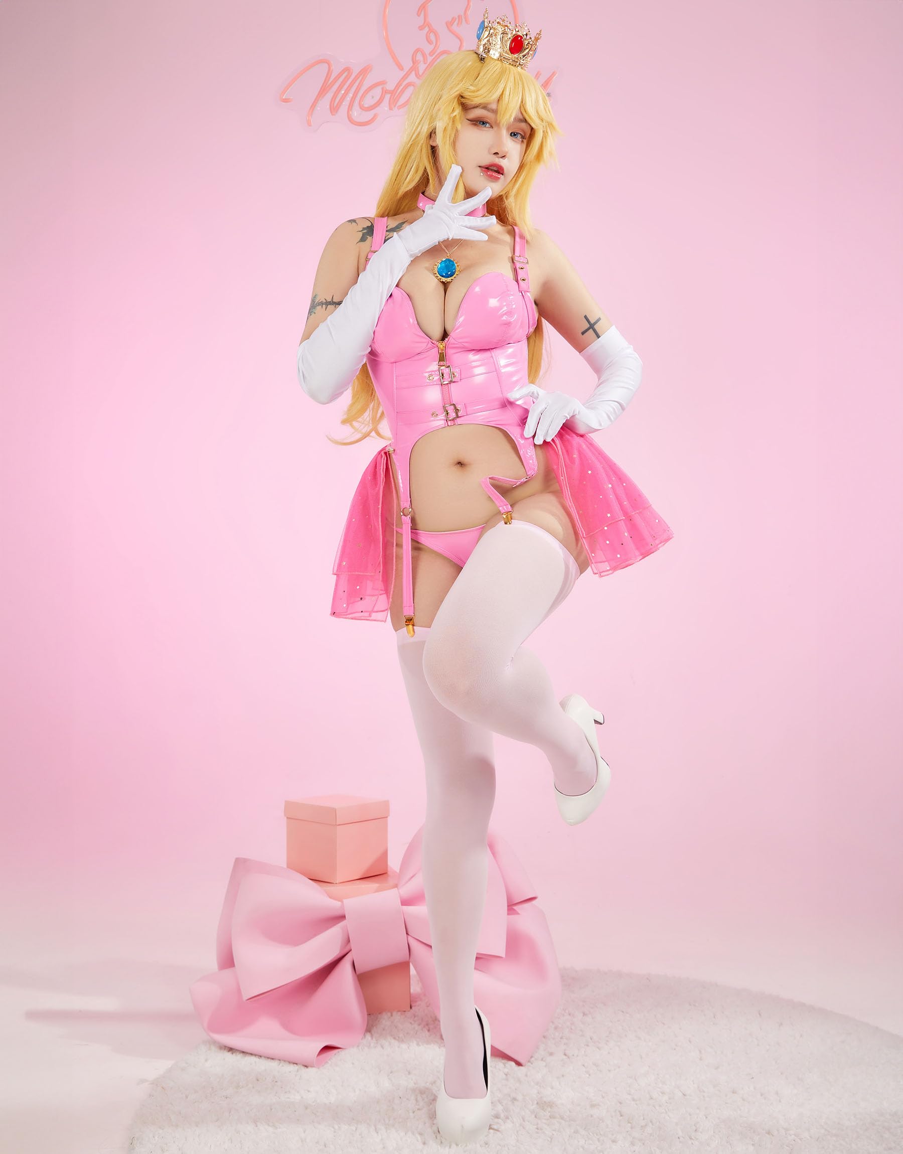 Mobbunny Women Peach Derivative Mini Dress With Gloves Socks Peach Cosplay Costume: Small Pink