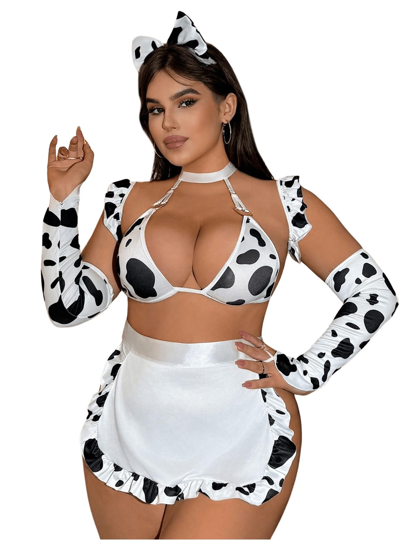 WDIRARA Women's Plus Size 7 Piece Cow Cosplay Lingerie Set Costume Maid Lingerie Outfits: 3X-Large Black and White