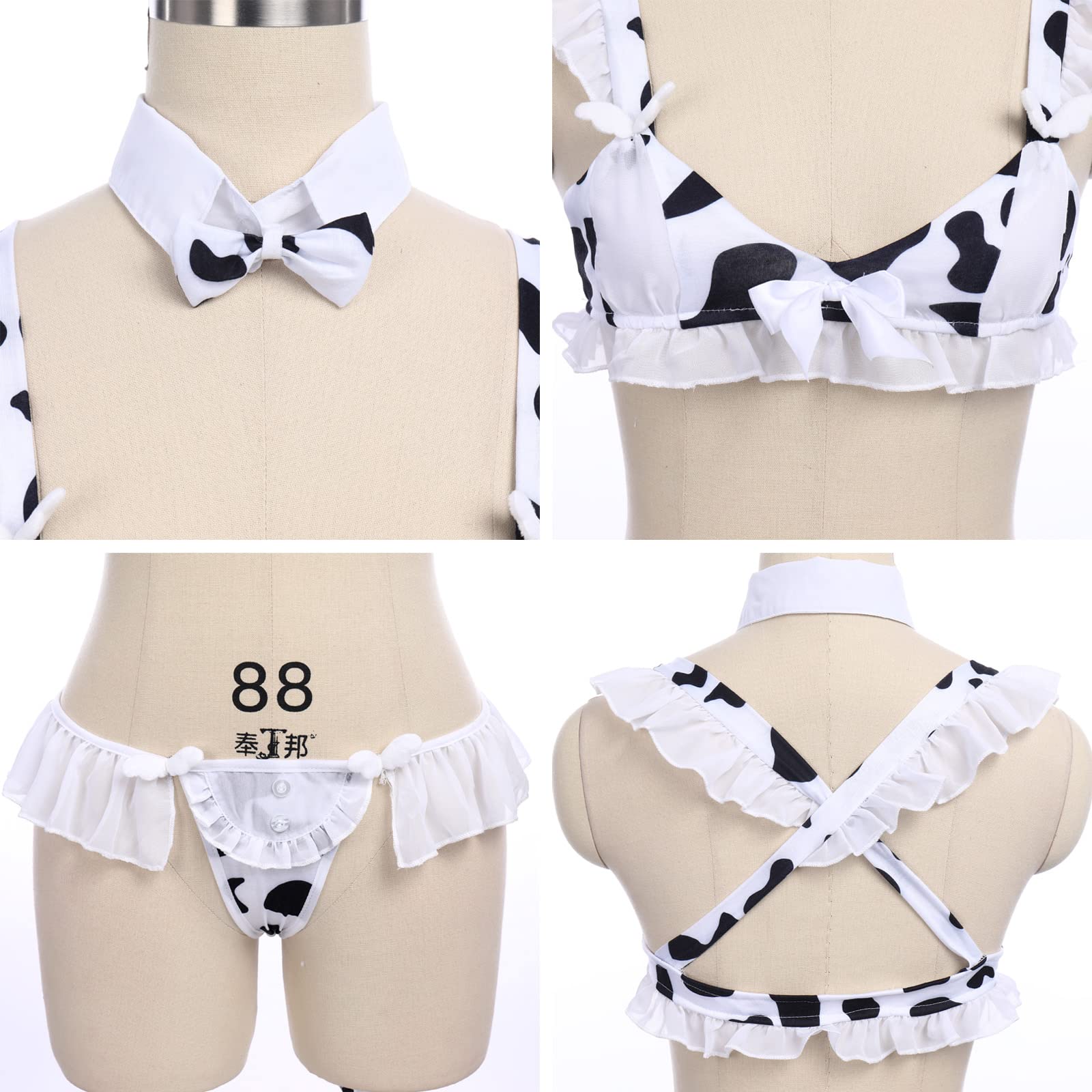 FYMNSI Women Sexy Milk Cow Lingerie Set Anime Maid Cosplay Costume Mini Bikini Bra Bodysuit with Bell Choker Stockings Outfit: One Size Z - Cow Maid Set