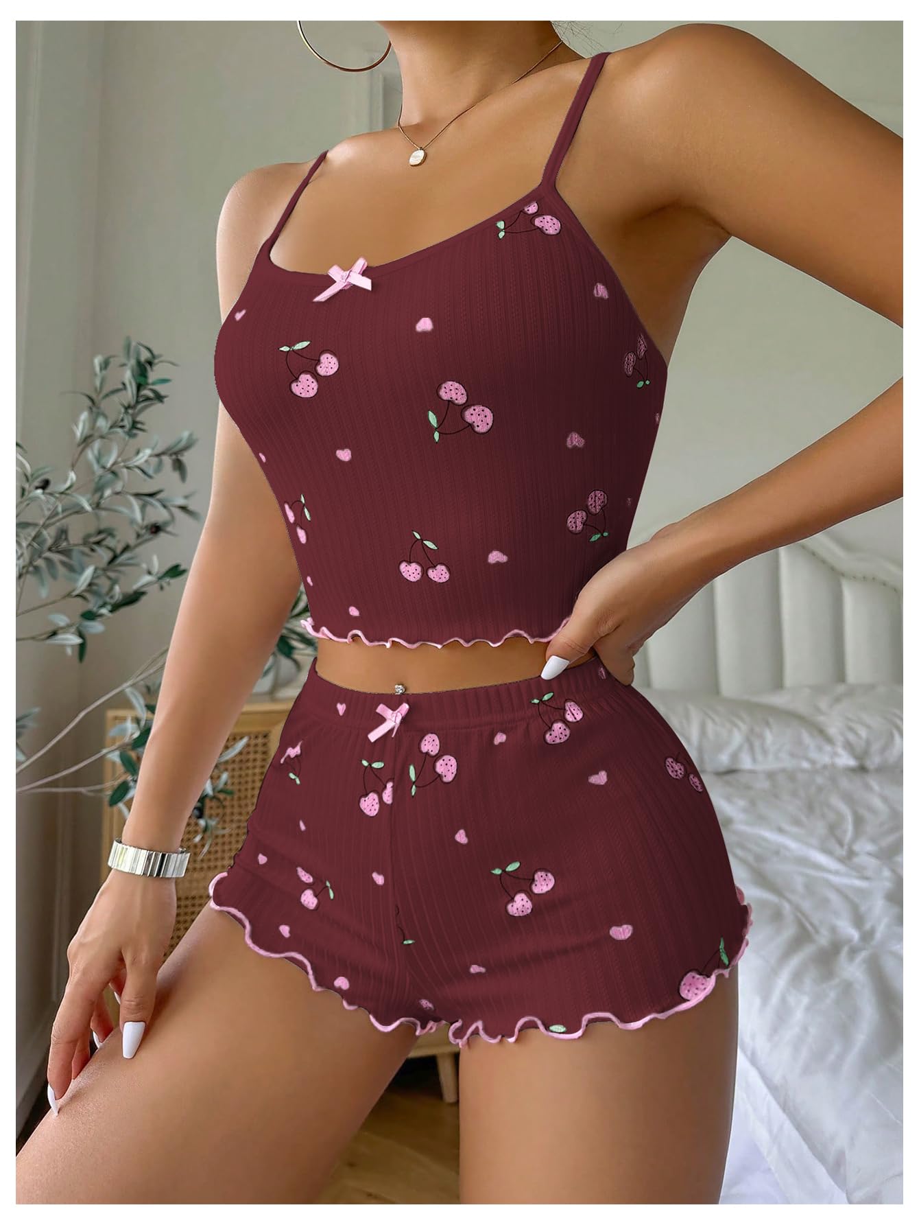 RoseSeek Women's 2 Piece Pajama Set Cherry Spaghetti Strap Bow Cami Tops and Shorts Set Cute Soft Sleepwear Burgundy Large