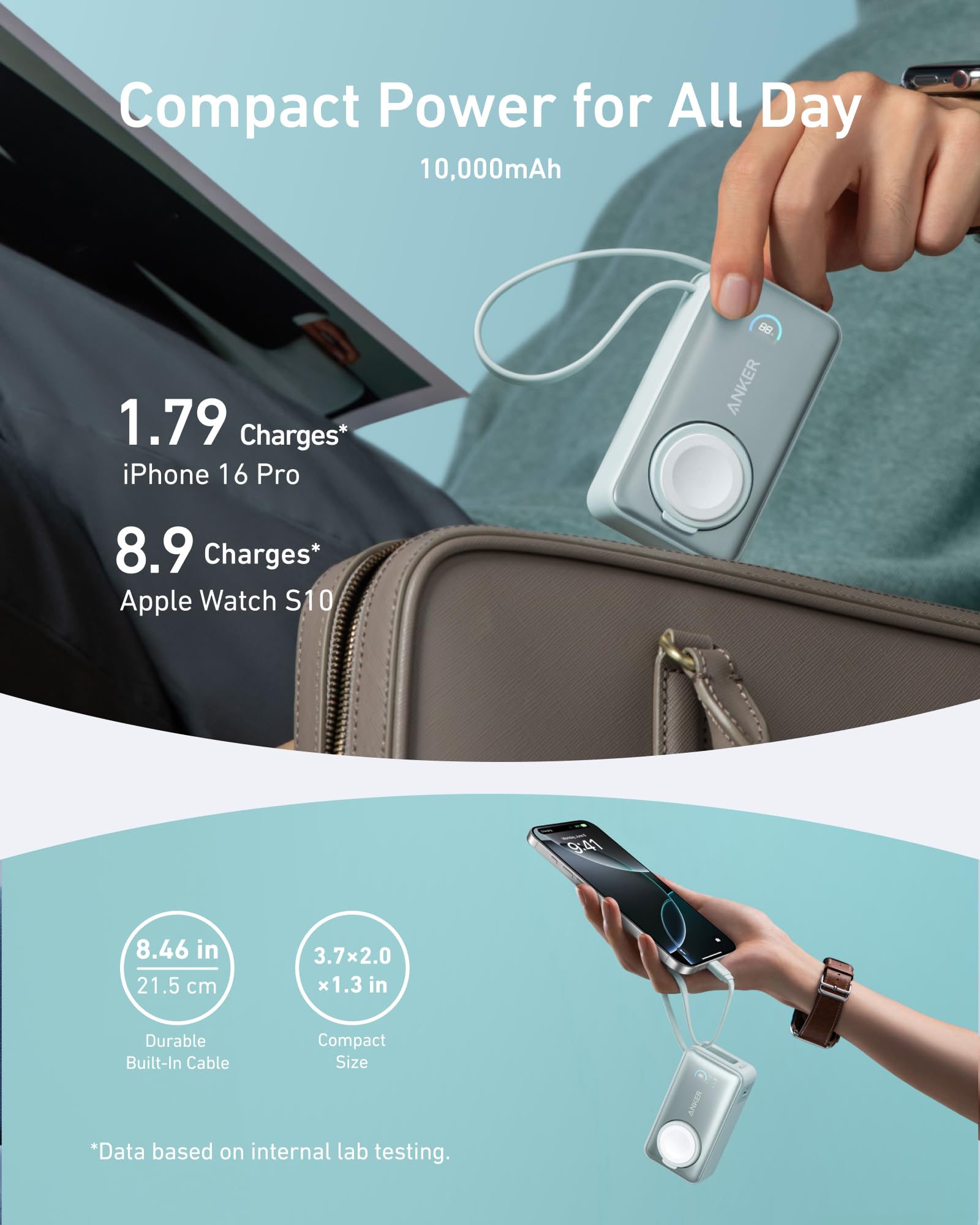 Anker MagGo Power Bank for Apple Watch, Officially Certified 10,000mAh Compact Battery Pack with Built-in USB-C Cable, 35W Max, for iPhone 15 Series, Samsung, iPad, AirPods, and More(Pink)