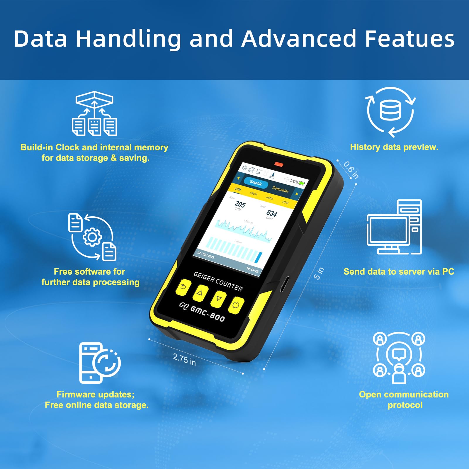 Nuclear Radiation Detector GQ GMC-800 Geiger Counter USA Design Product US National Standard Large Color LCD Display 5 Alarm Types Dosimeter Data Save & Global Share Beta Gamma X-ray Portable Device