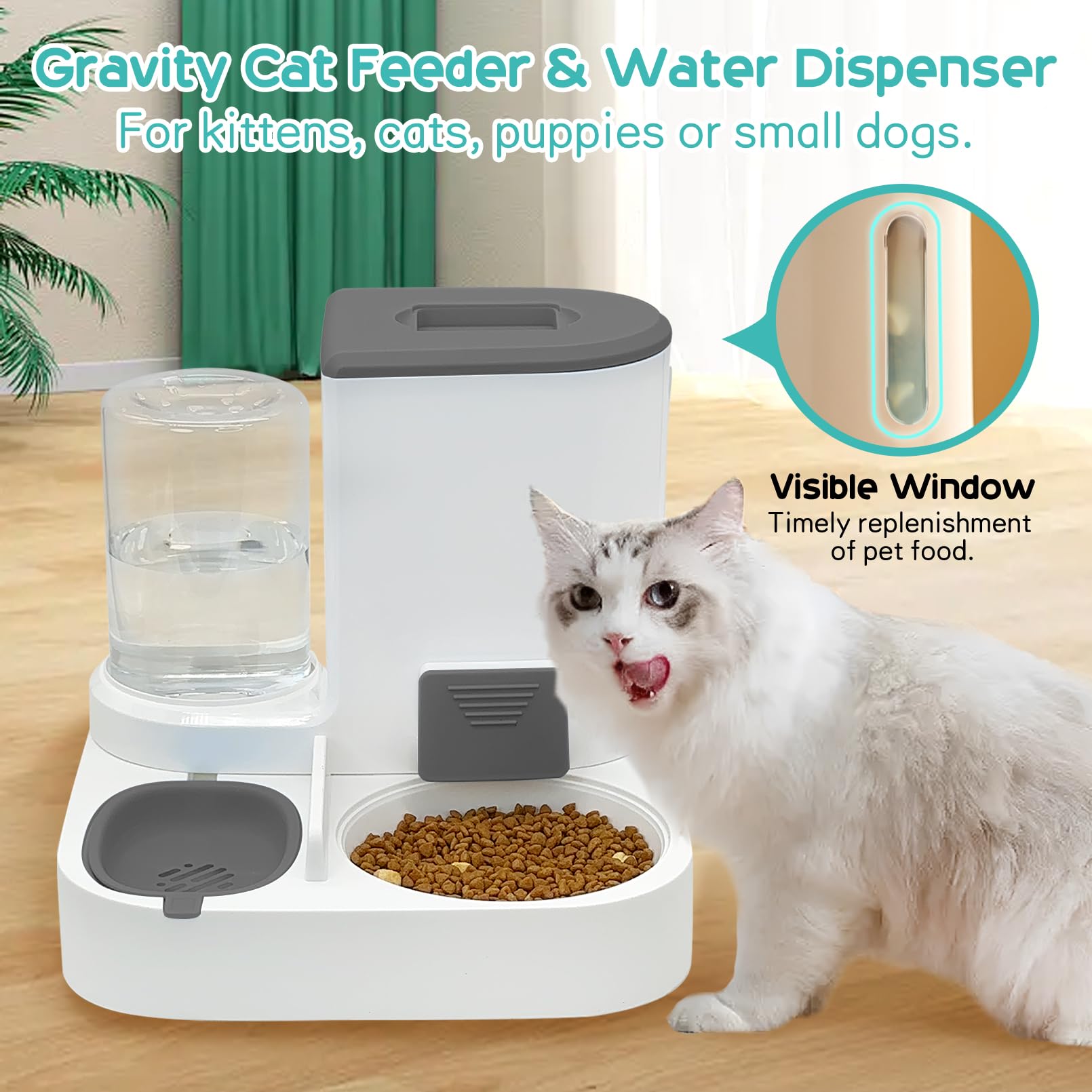 Fhiny Gravity Cat Feeder and Water Dispenser, 2 in 1 Automatic Pet Waterer Detachable Stainless Steel Food Bowls Set Pet Food Storage for Small Dog Puppy Cat Kitten Pet Easy Clean (Grey): Style A Grey-Metal Bowl