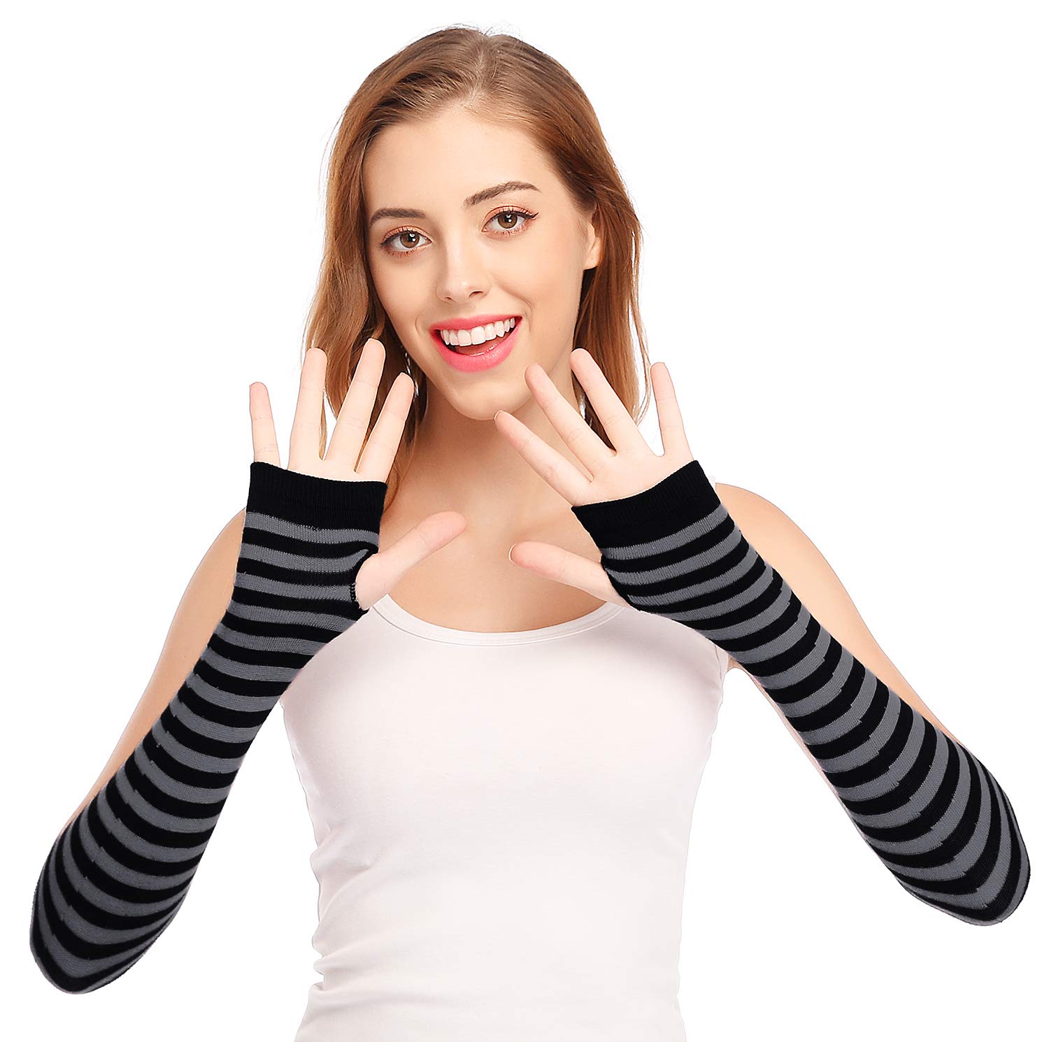 Bienvenu Womens Socks Striped Knee High Socks Arm Warmer Fingerless Gloves Set: Grey