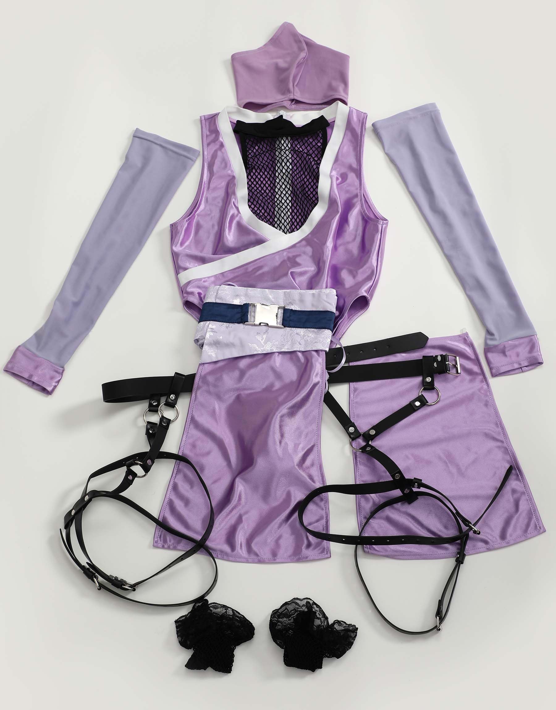 Mobbunny Womens Anime Cosplay Costume Purple High Slit Bodysuit Fishnet Mesh Bodysuit with Mask and Thigh Socks: Small