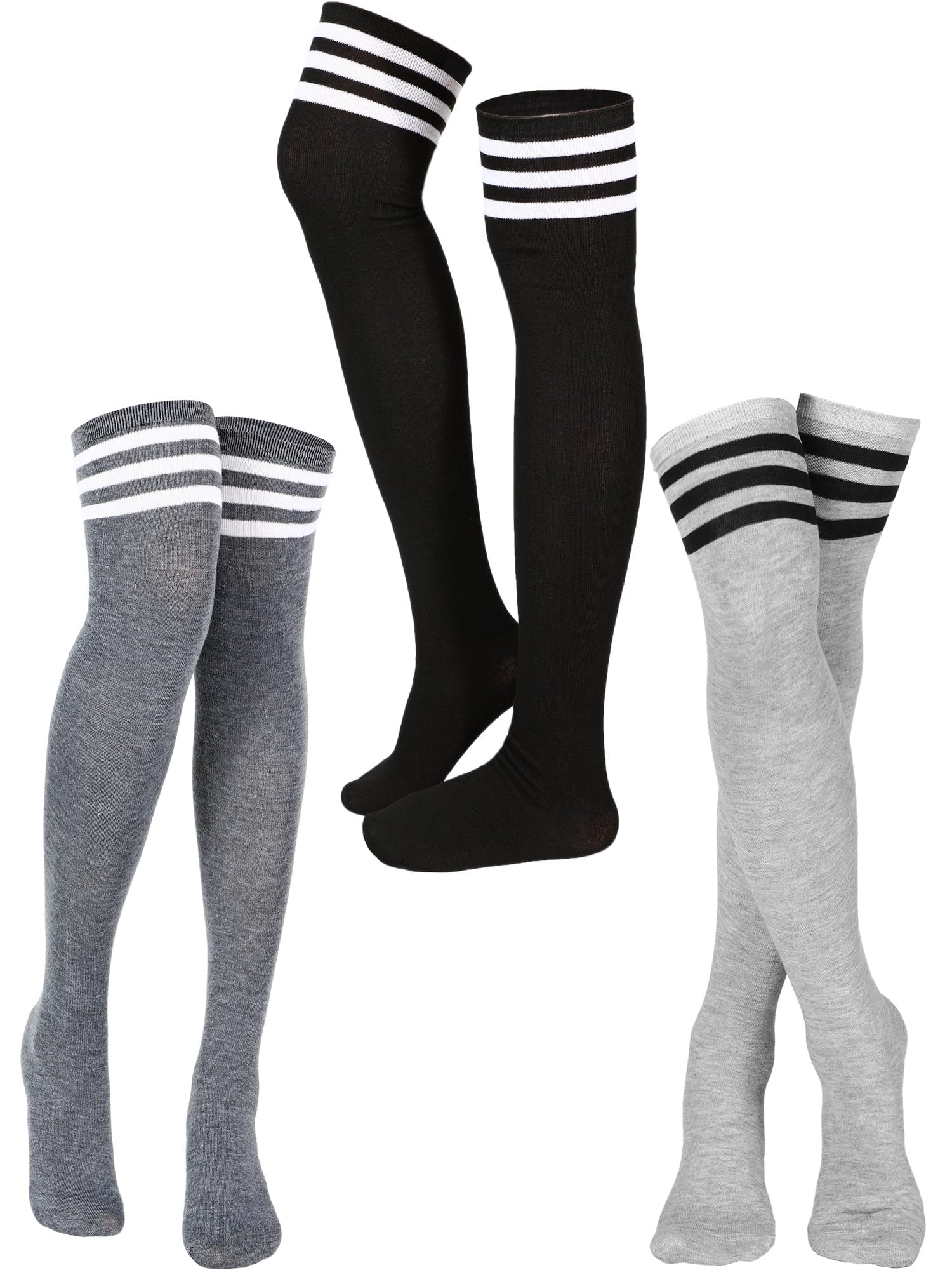 SATINIOR 3 Pairs Knee High Socks Thigh High Triple Stripe over the Knee Socks Long Opaque Thigh Stockings: Black, Dark Gray, Light Gray
