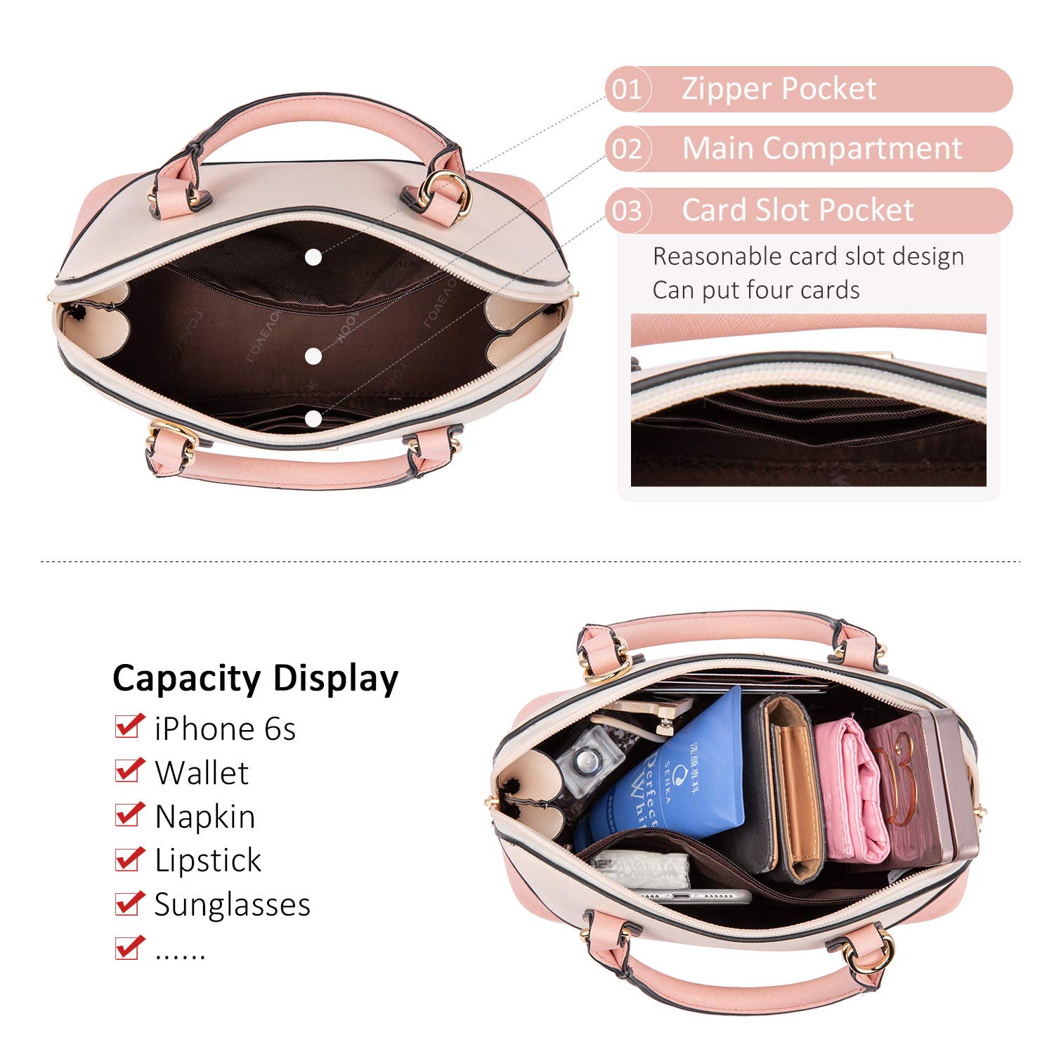 LOVEVOOK Purse for Women Small Crossbody Bags Classic Double Zip Top Handle Dome Satchel Bag: Pink/Beige
