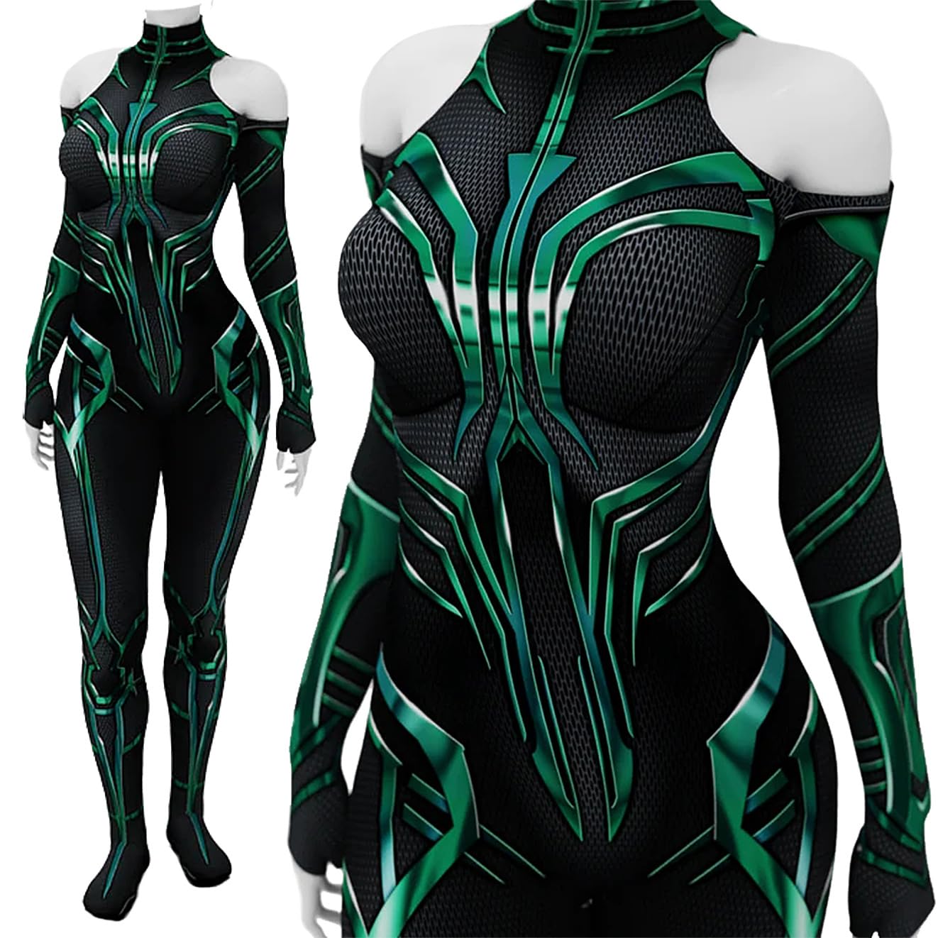Yragemz Women Hela Cosplay Bodysuit Robe Green Goddess Hela Costume Jumpsuit Cape for Halloween: Green 1 Small