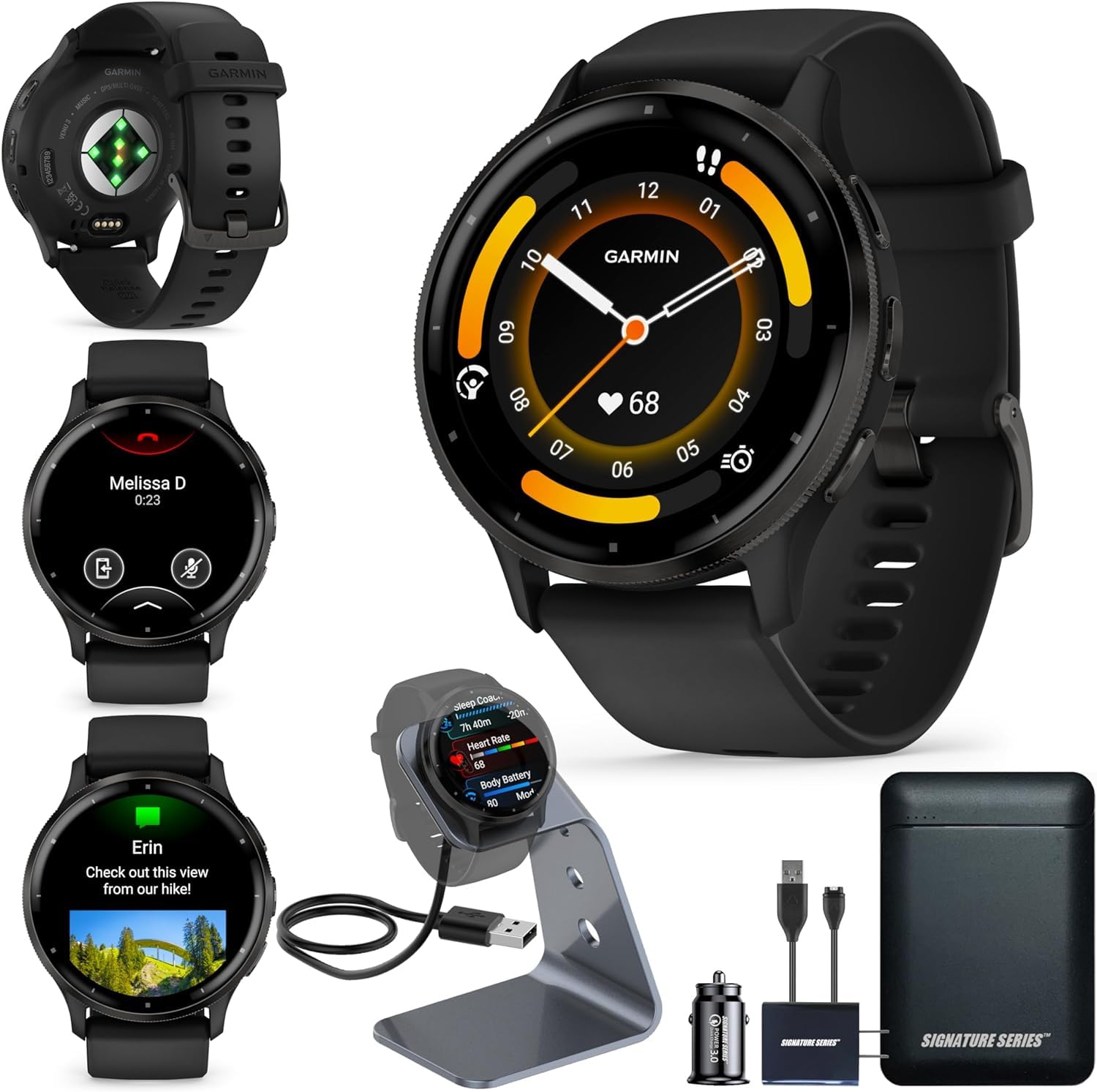 Garmin Venu 3S Running GPS Smartwatch with AMOLED Display, Advanced Health, Fitness Features, Up to 14 Day Battery Life with Signature Power Bundle | Slate with Pebble Gray Silicone Band