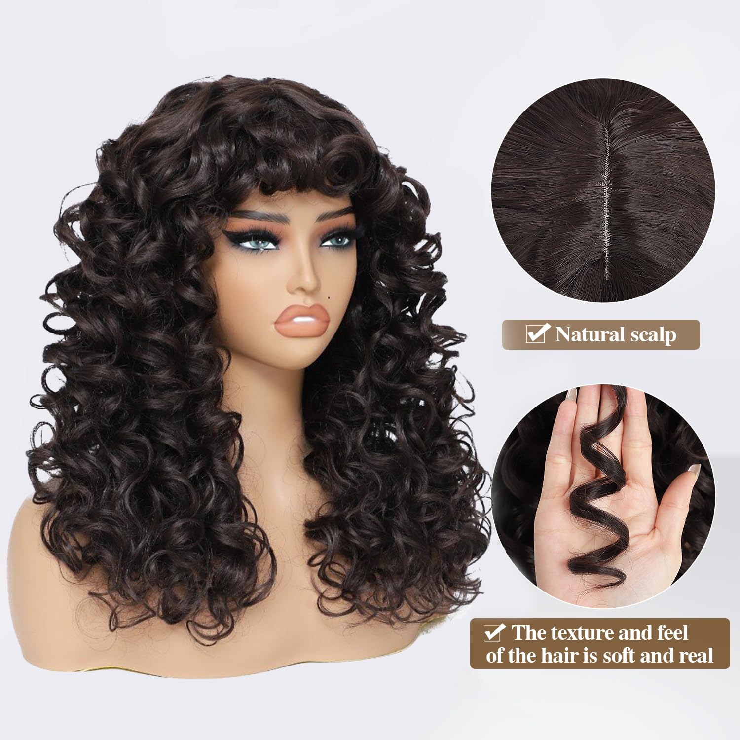 GKtineke Curly Wig with Bangs, 20 Inch, , Synthetic Hair, Heat Resistant, Modern Style, Female, 22.5 Inch Cap Size, Curly Wig with Bangs for White & Black Women, Cosplay & Daily Use: black