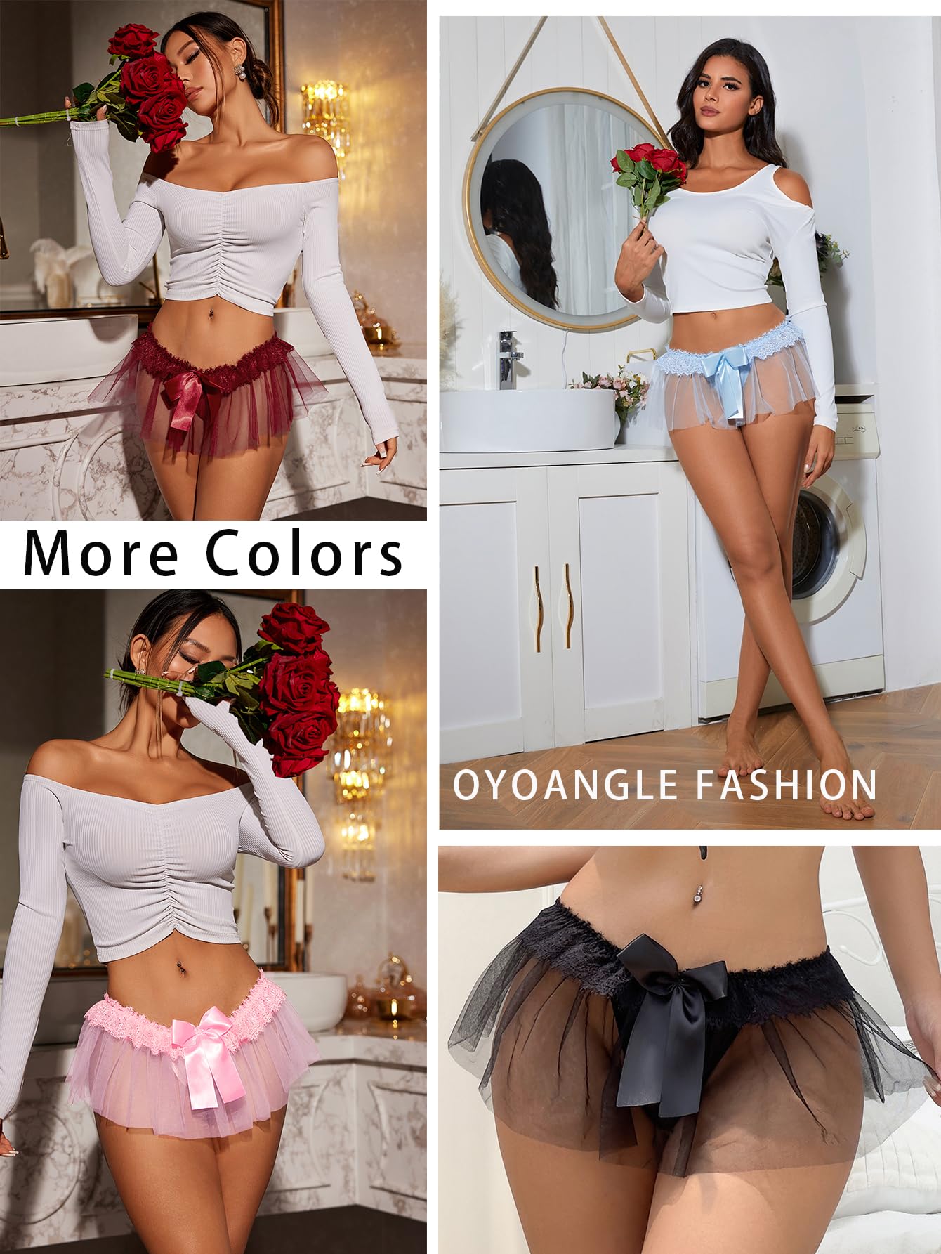 OYOANGLE Women's Mesh Babydoll Lingerie Cute Bow Tie Ruffle Lace Trim Thong Panty Low Rise Underwear: Small Pink