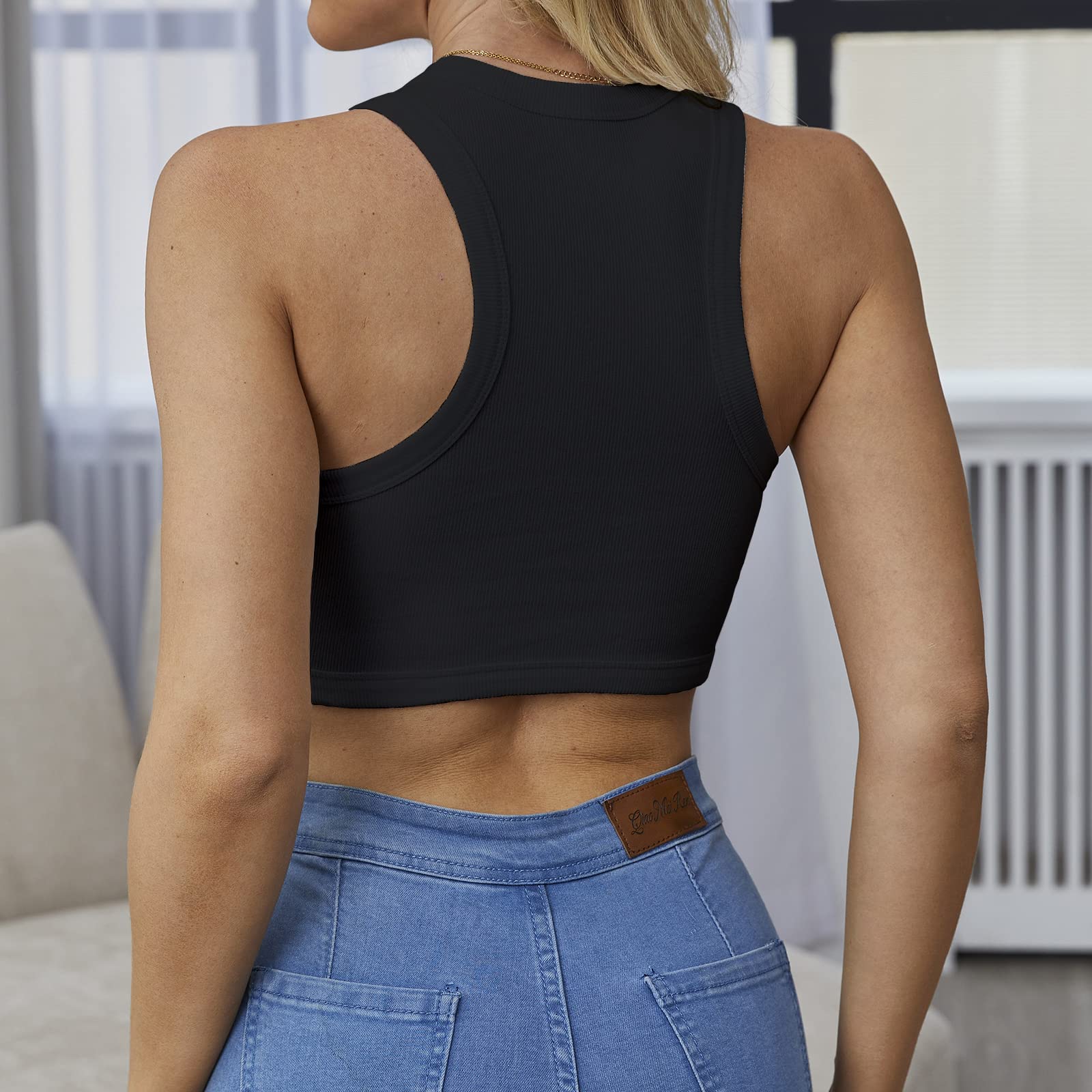 Abardsion Women's Crew Neck Racerback Knit Ribbed Basic Sleeveless Crop Tank Tops - Image 2