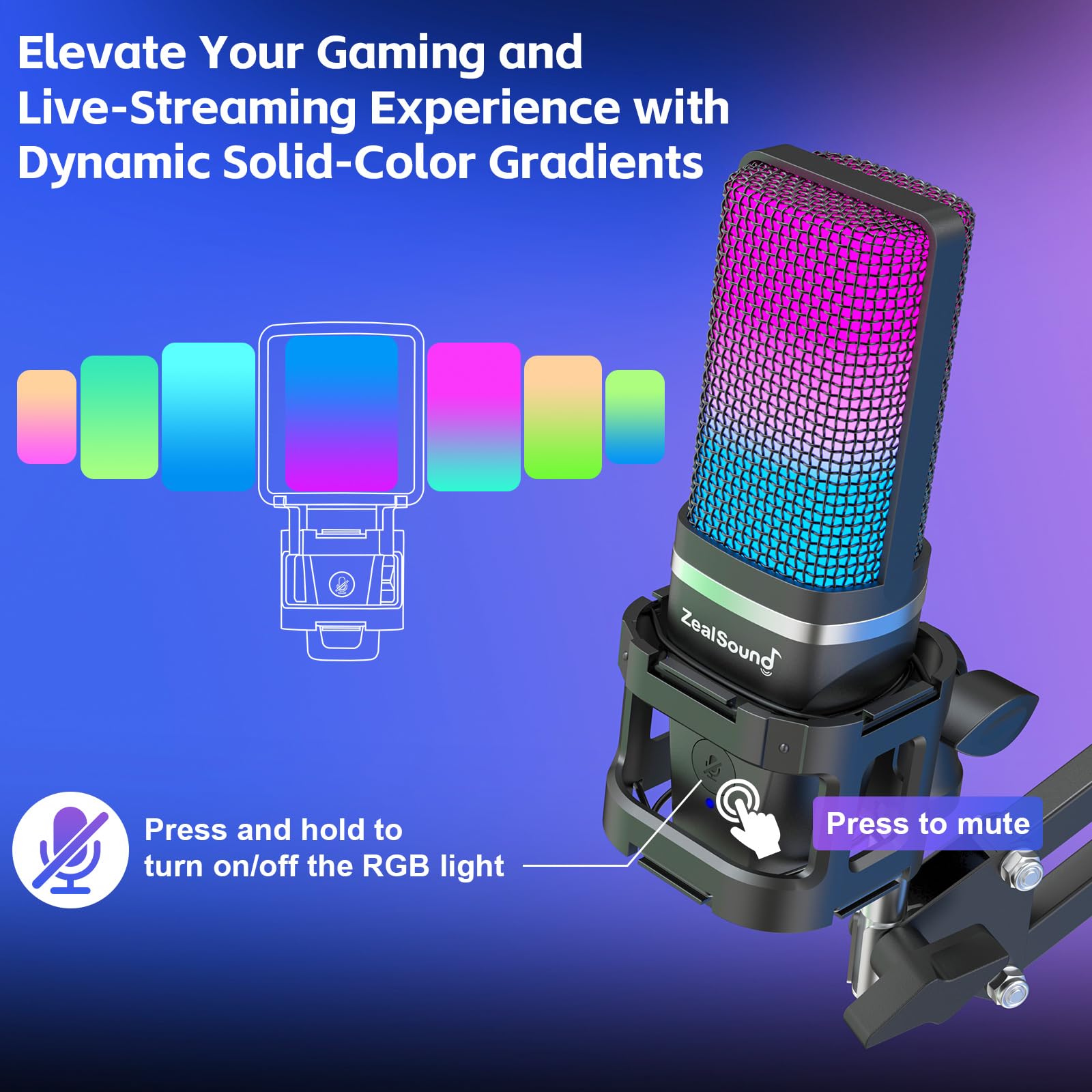 ZealSound Gaming USB Microphone,Noise Cancellation Condenser mic, with Mute,Gain,Monitoring,Boom Arm,Pop Filter for Phone,PC,Computer,PS4,PS5,Mac,Streaming,Podcast,Twitch,YouTube,Discord: RGB Microphone