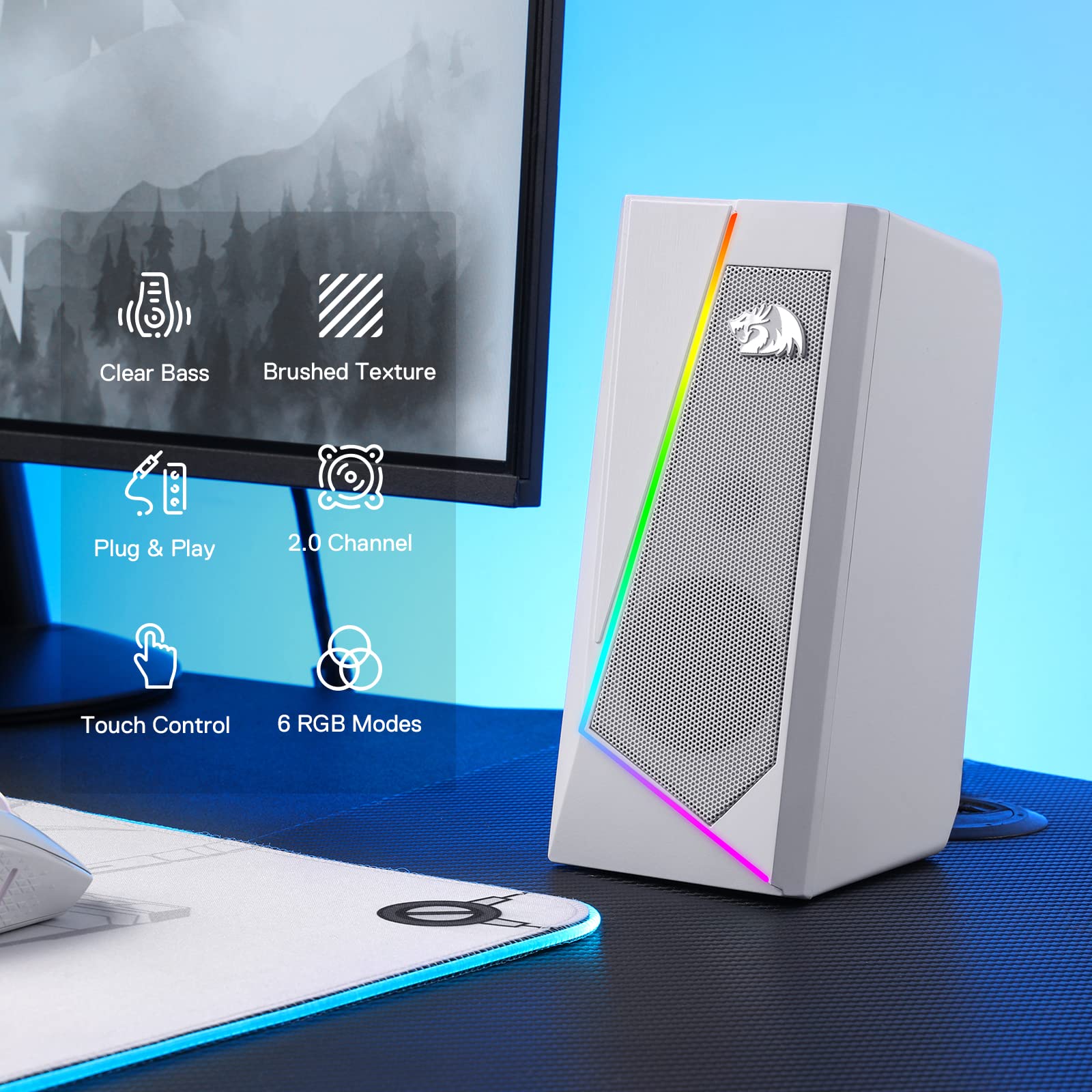 Redragon GS520 RGB Desktop Speakers, 2.0 Channel PC Computer Stereo Speaker with 6 Colorful LED Modes, Enhanced Sound and Easy-Access Volume Control, USB Powered w/ 3.5mm Cable,: White