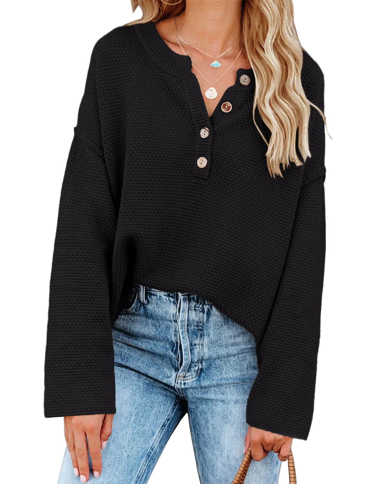 Saodimallsu Women's Oversized Sweaters Batwing Long Sleeve Loose V Neck Button Henley Tops Pullover Knit Jumper thumbnail 4