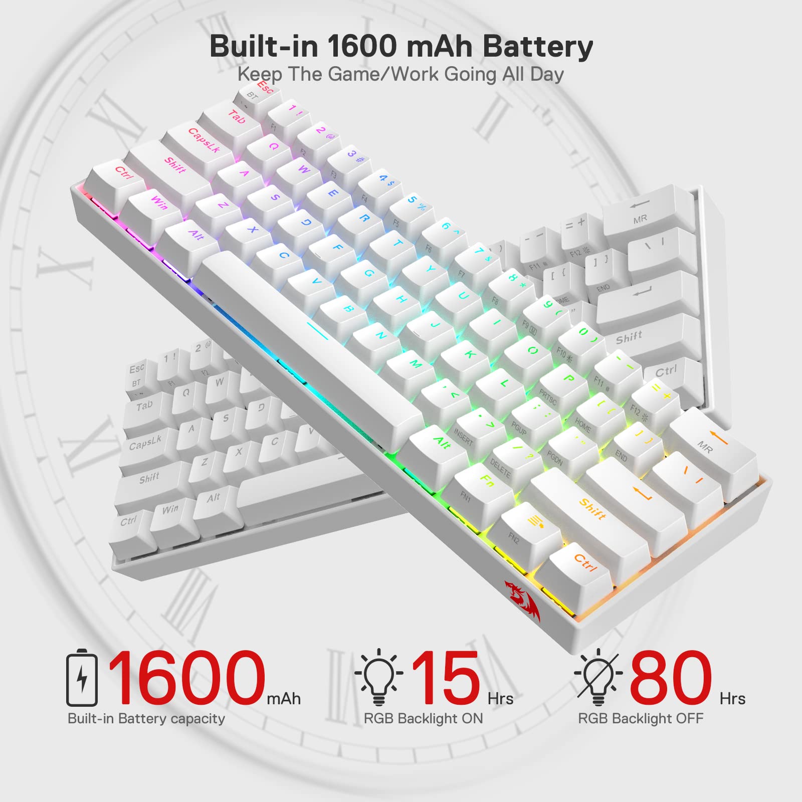 Redragon K530 Pro Draconic 60% Wireless RGB Mechanical Keyboard, BT/2.4Ghz/Wired 3-Mode 61 Keys Compact Gaming Keyboard w/Hot-Swap Socket, Free-Mod Plate Mounted PCB & Clicky Blue Switch: Blue Switch White