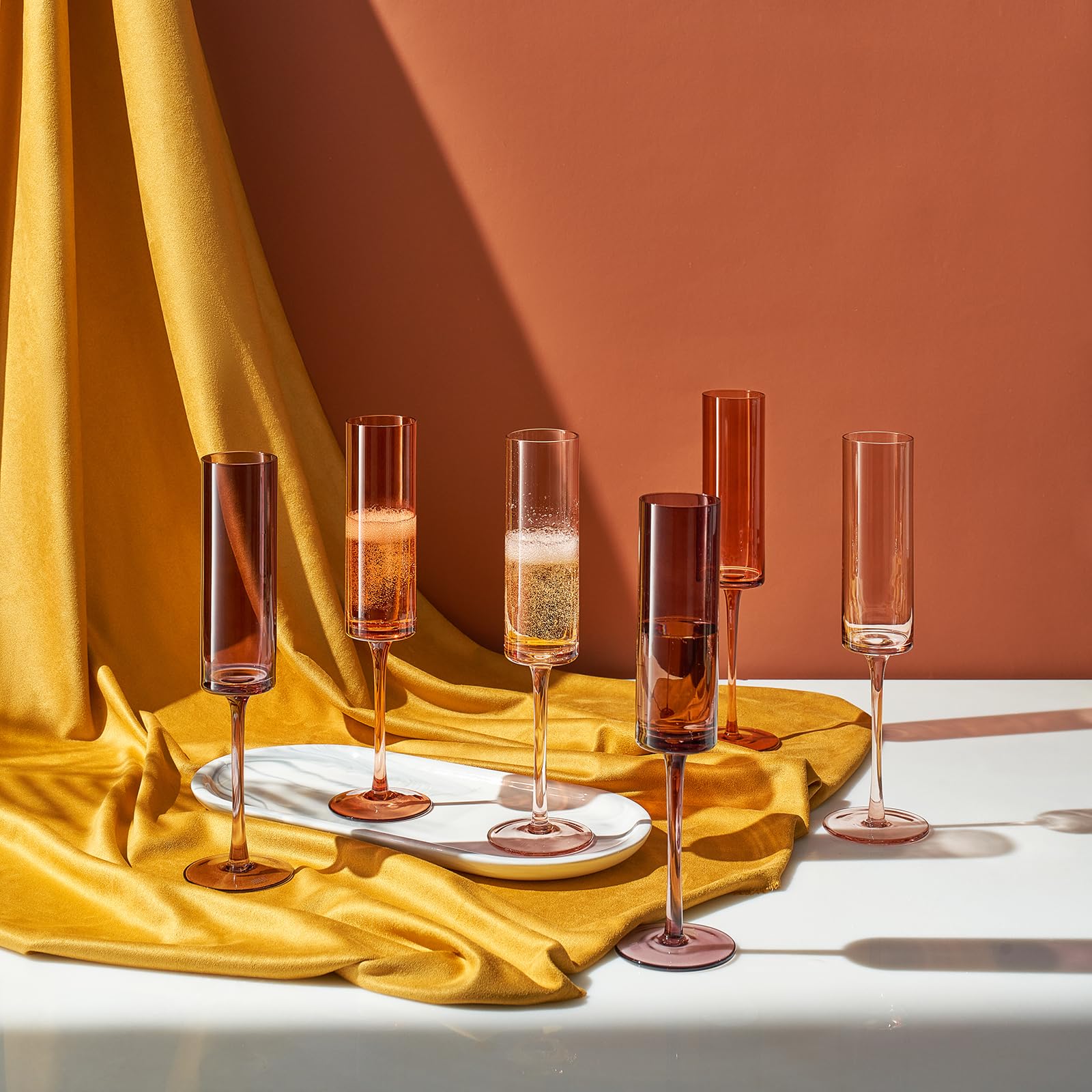 Khen Venus Glasses Luxury Glassware - Set of 6 - Everyday, Winter Gift Her, Mom, Wife, Girlfriend, Special Celebrations Drinkware, Textured Glass, Brown Style Amber Colored -Champagne Flute 6oz: Champagne Flutes
