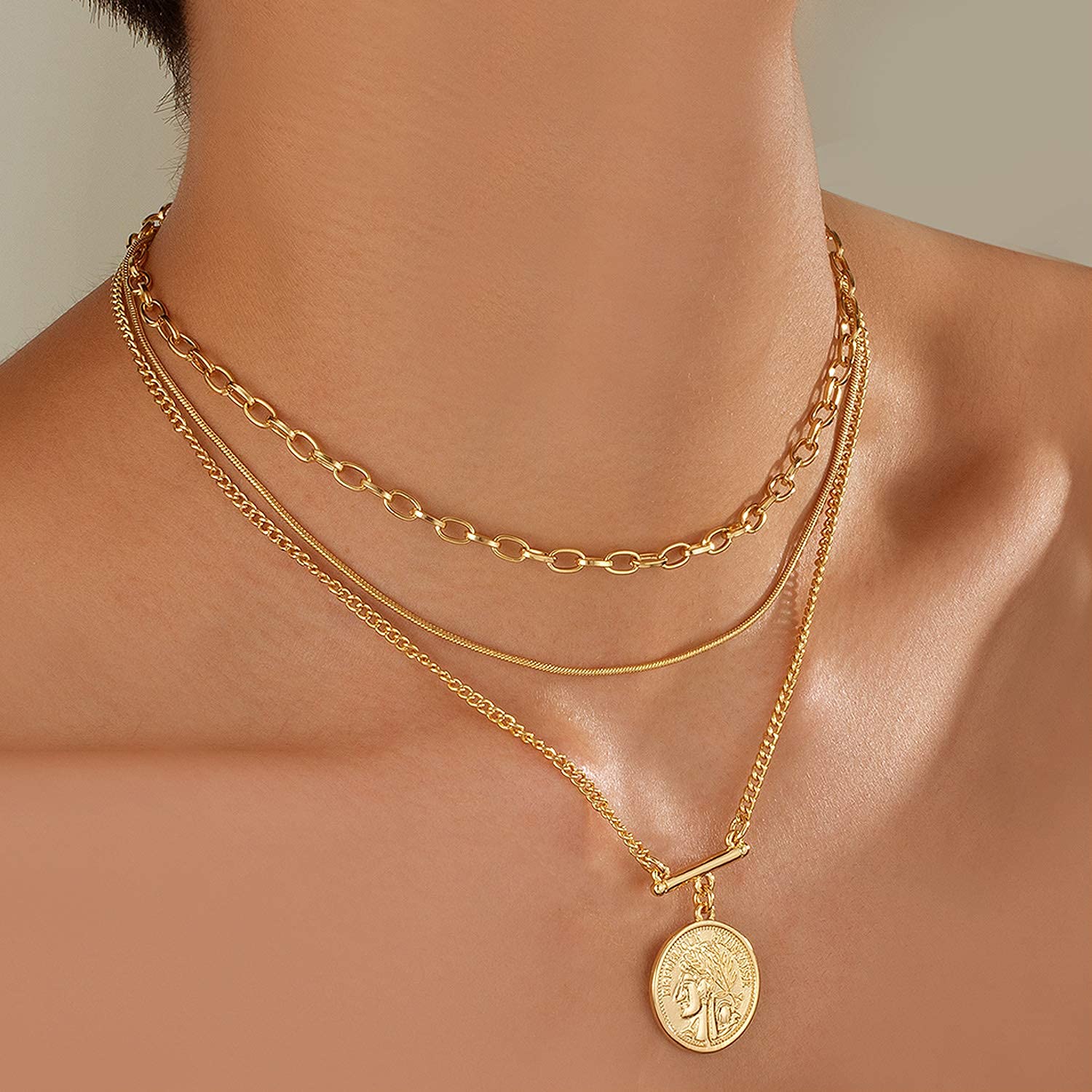 LANE WOODS Gold Layered Necklaces for Women Girls Dainty Layering Coin Lock Eye Snake Pendant Jewelry Gifts