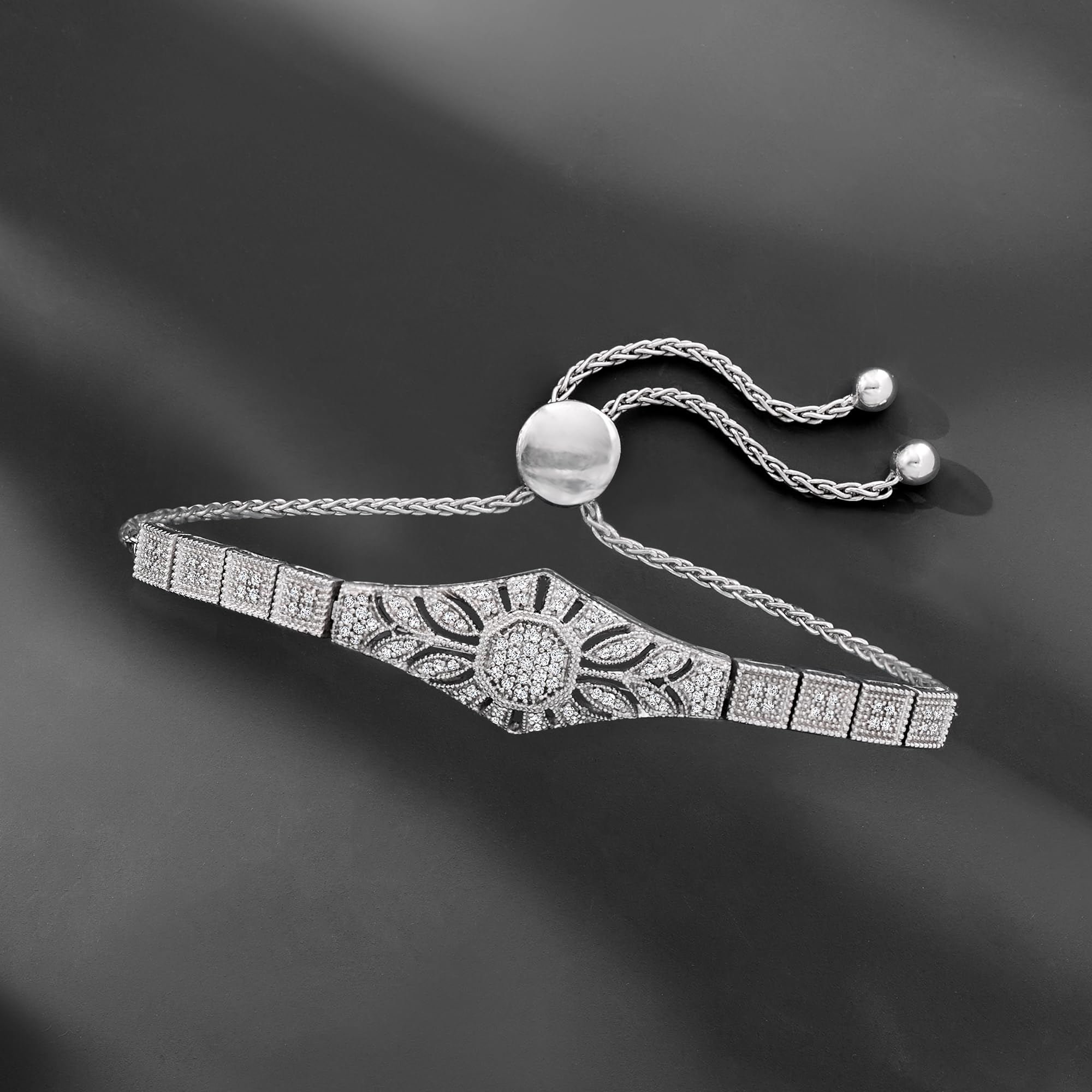 Ross-Simons 0.50 ct. t.w. Diamond Floral Openwork Bolo Bracelet in Sterling Silver: Ross-Simons 0.50 ct. t.w. Diamond Floral Openwork Bolo Bracelet in Sterling Silver