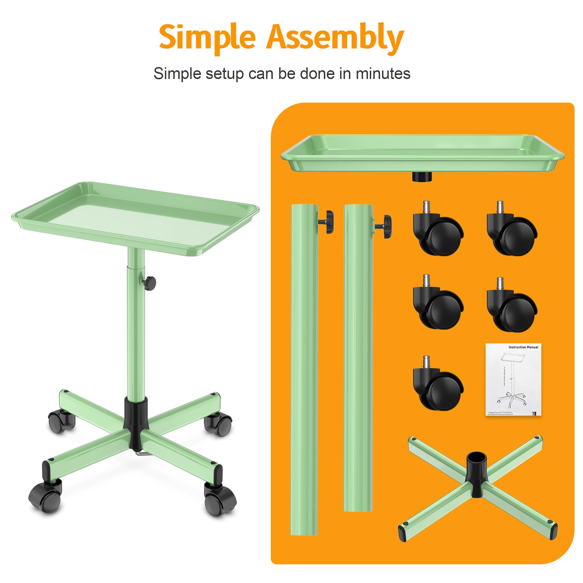 DEER BEAUTY Salon Tray on Wheels - Premium Aluminum Tattoo Tray Rolling Trolley - Adjustable Salon Service Rolling Tray Hairdresser Cart with Clinic Spa Rolling Tray Wheels ()