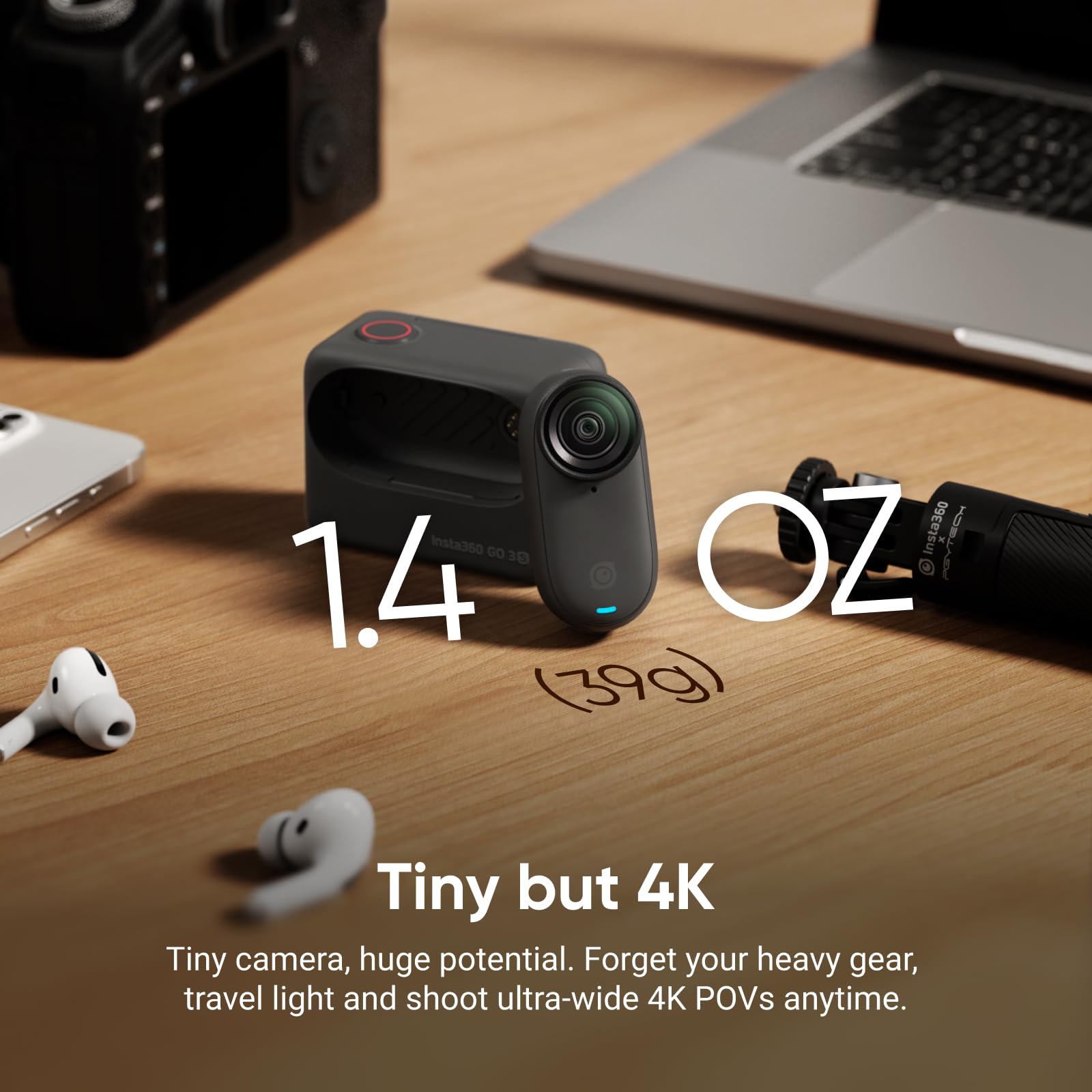 Insta360 GO 3S - 128 GB Black 4K Tiny Portable Vlogging Camera, Hands-Free POVs, Mount Anywhere, Stabilization, 140 Min Battery Life, 10m Waterproof, Pet POV: Black Action Bundle
