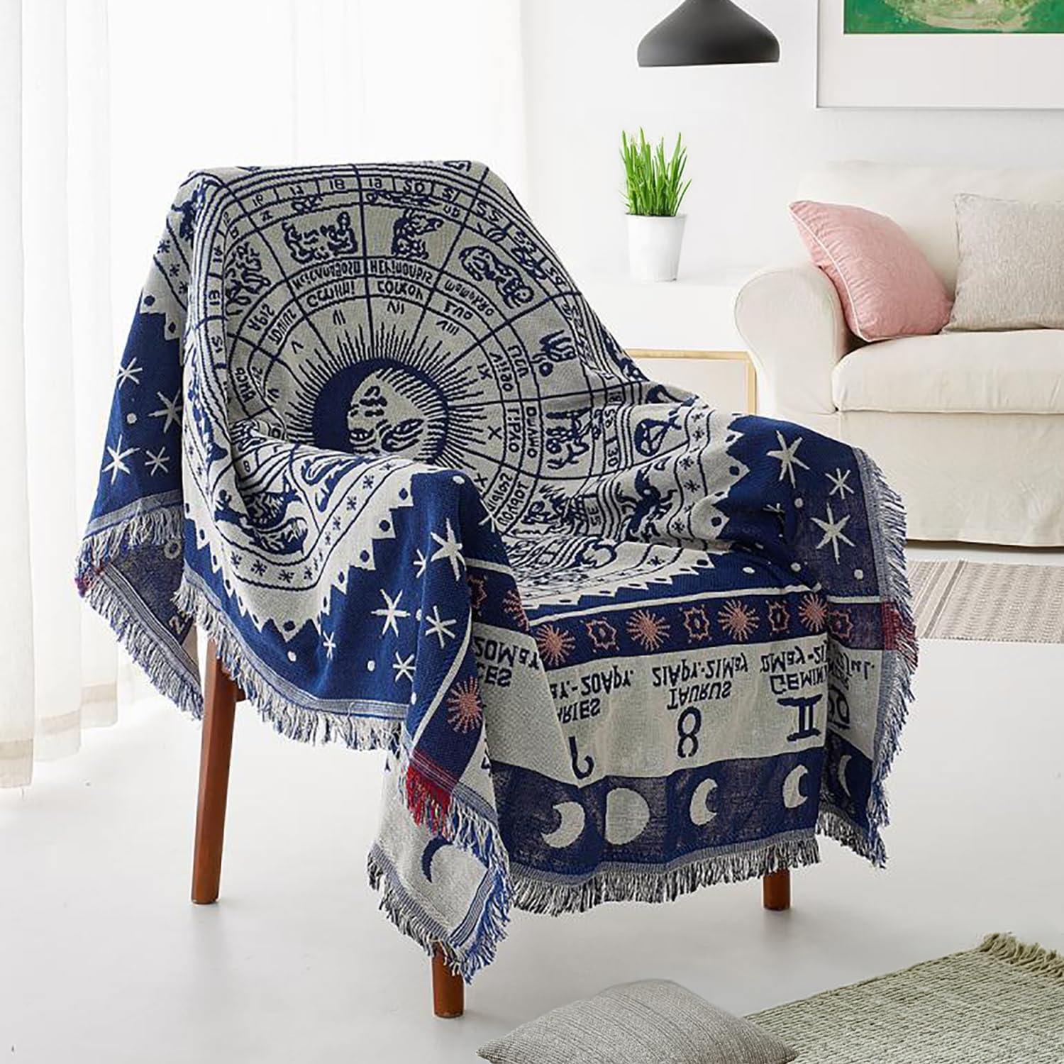 MayNest Bohemian Woven Cotton Throw Blanket - Reversible Sofa Cover for Couch, Bed, or Chair, Astrology Decor (Yellow, 71x51): Blue S (L71" x W51")