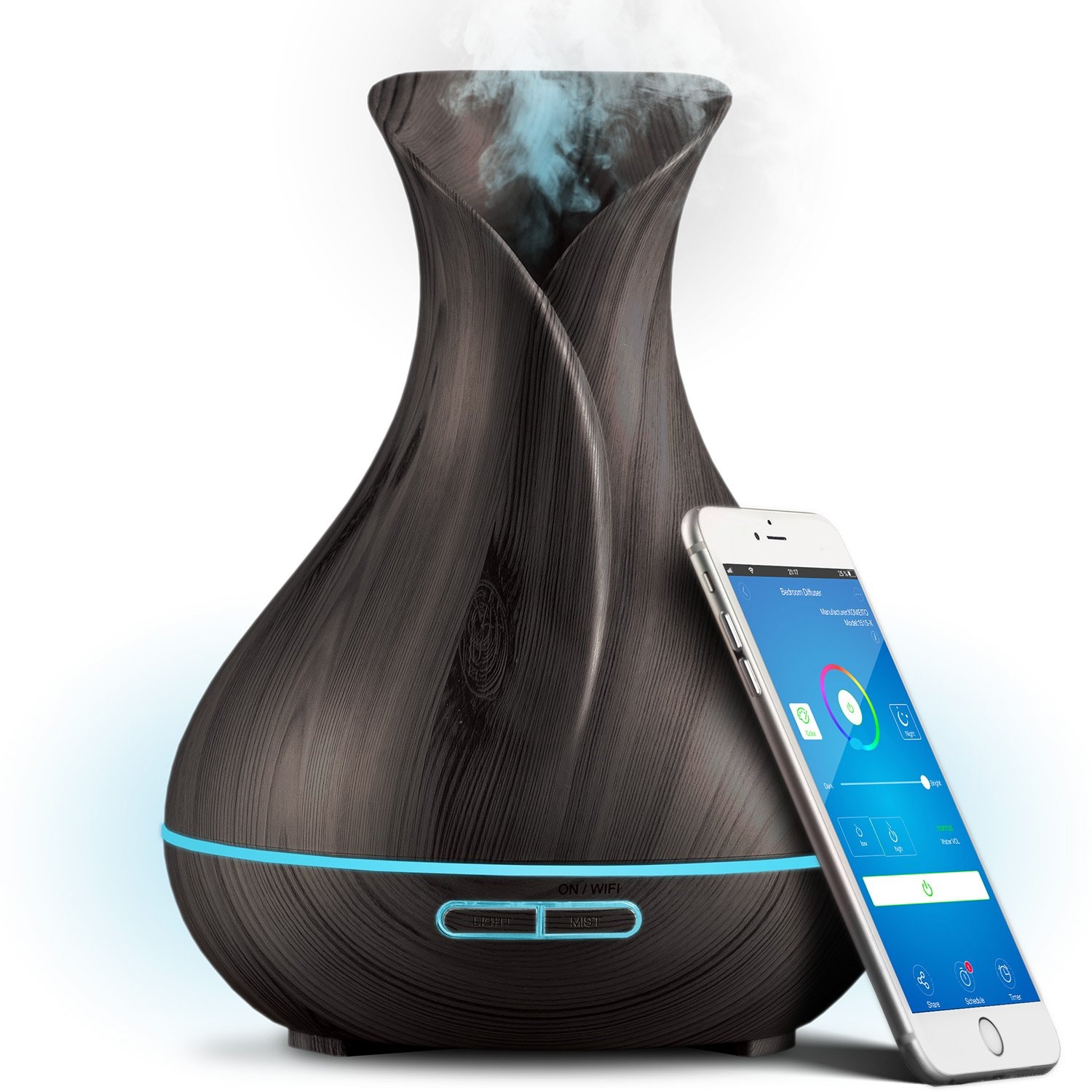 Smart WiFi Wireless Essential Oil Aromatherapy 400ml Ultrasonic Diffuser & Humidifier with Alexa & Google Home Phone App & Voice Control - Create Schedules - LED & Timer Settings: Dark Brown